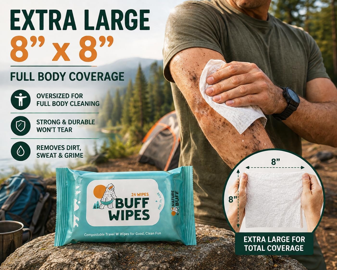 Unscented Full Body Camping Wet Wipes 8×8 Inch – Travel Hygiene Wipes, Pack of 1