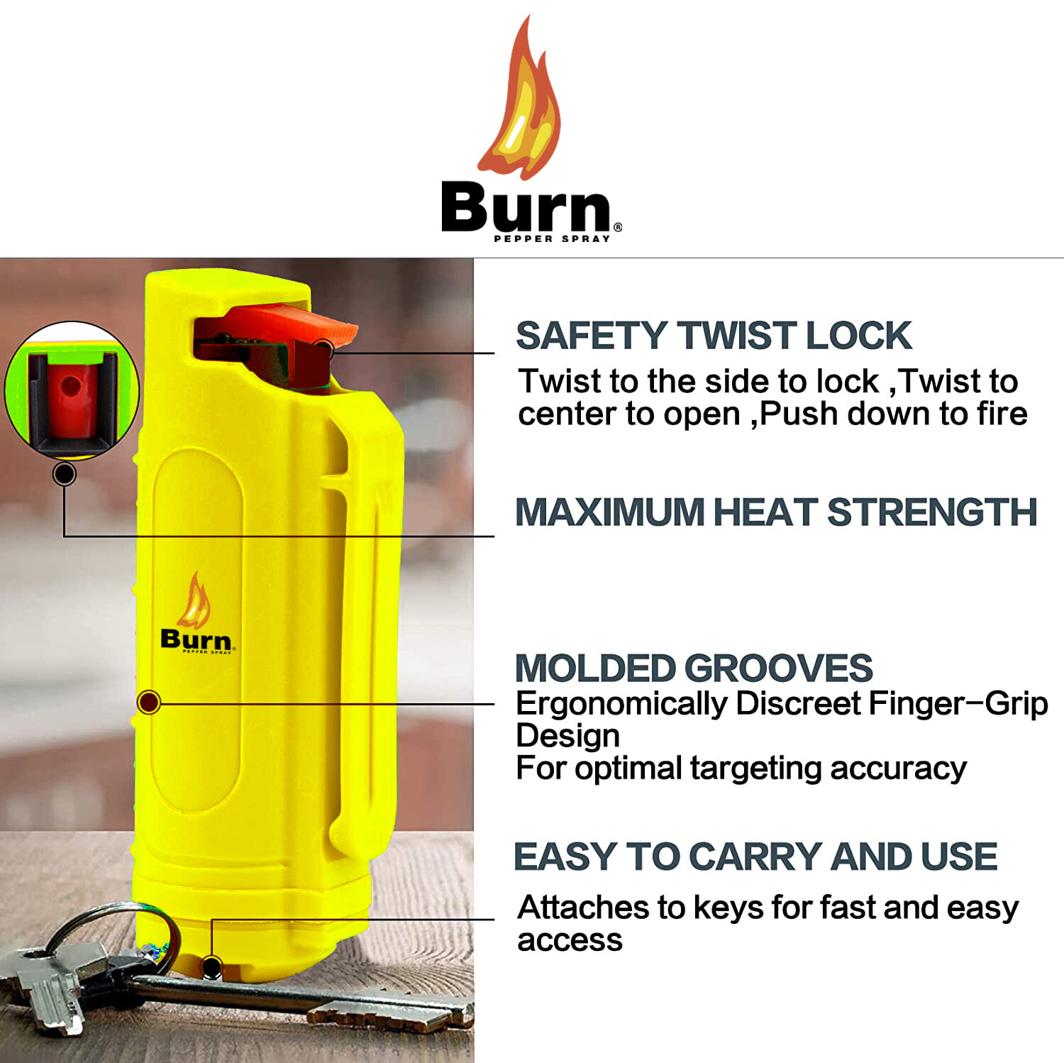 BURN Pepper Spray 1/2oz Self Defense Keychain Safety Lock Case Yellow – 3 PACK