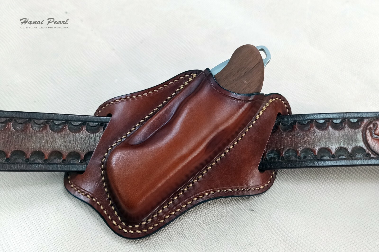 Custom Canted Pancake Leather Sheath for Victorinox Hunter Pro Wood