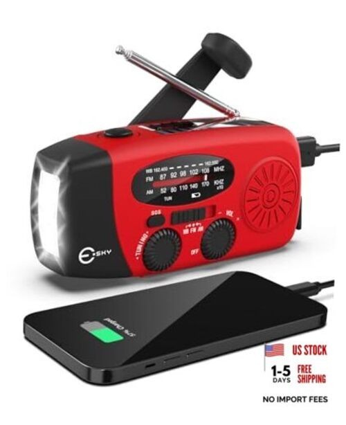 Emergency Hand Crank Radio 7400mWh with 3 LED Flashlight, AM/FM/NOAA Red