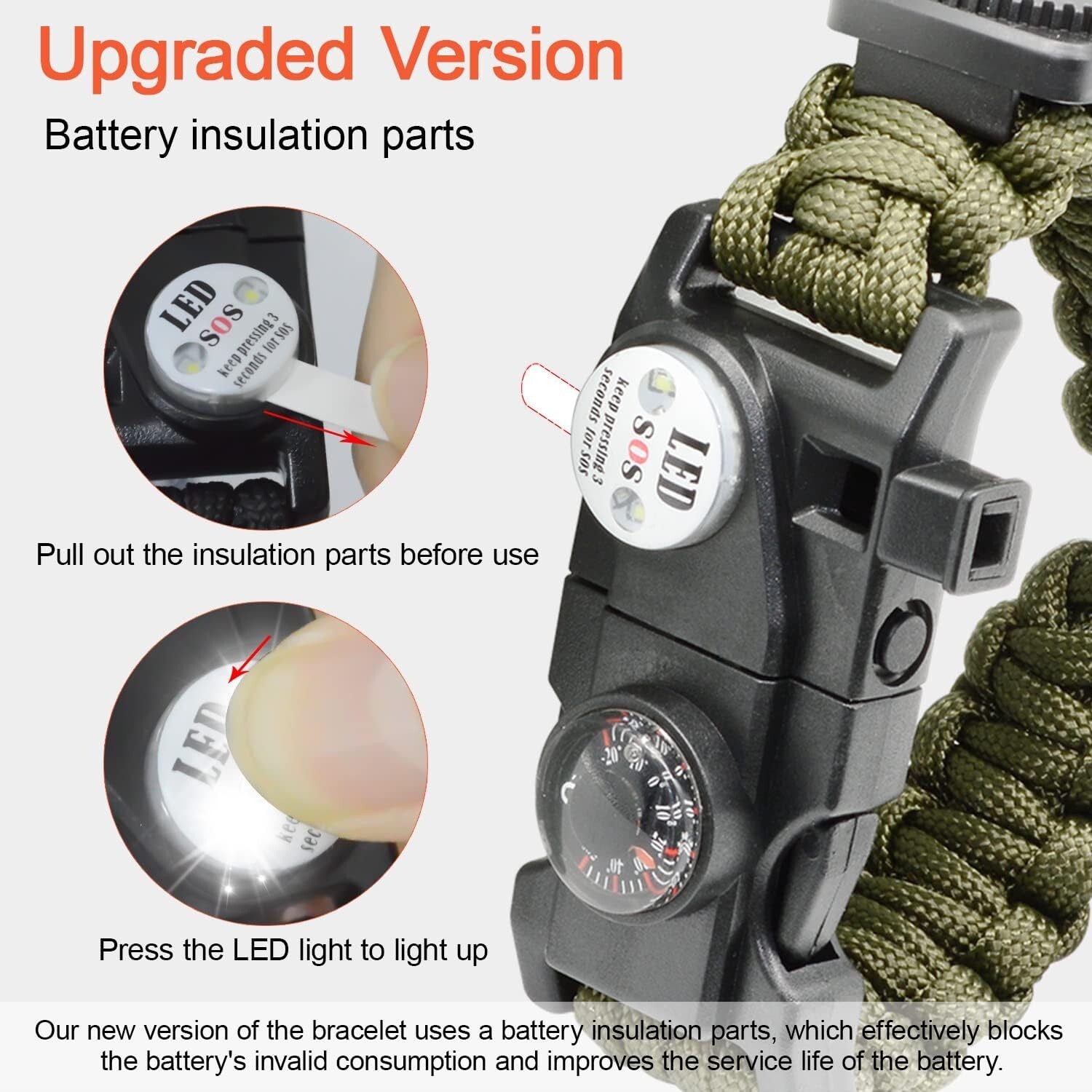 Durable Paracord Survival Bracelet with Whistle, Compass & LED Light – Green