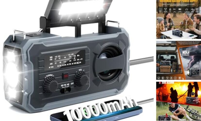 Hand Crank Emergency Radio, 10000mAh Weather Radio with AM/FM/NOAA, Solar Grey
