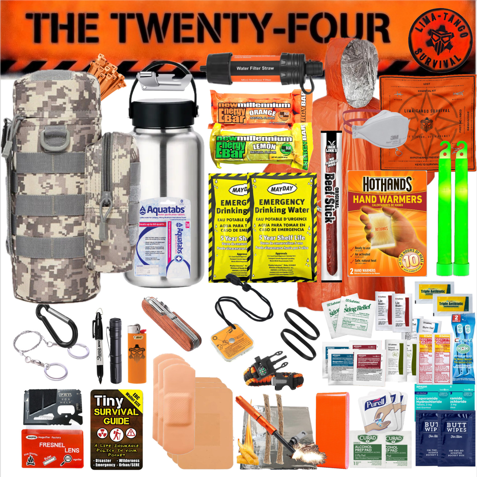 24 Hour Emergency Survival Water Bottle Molle Kit / EDC Kit / First Aid Kit