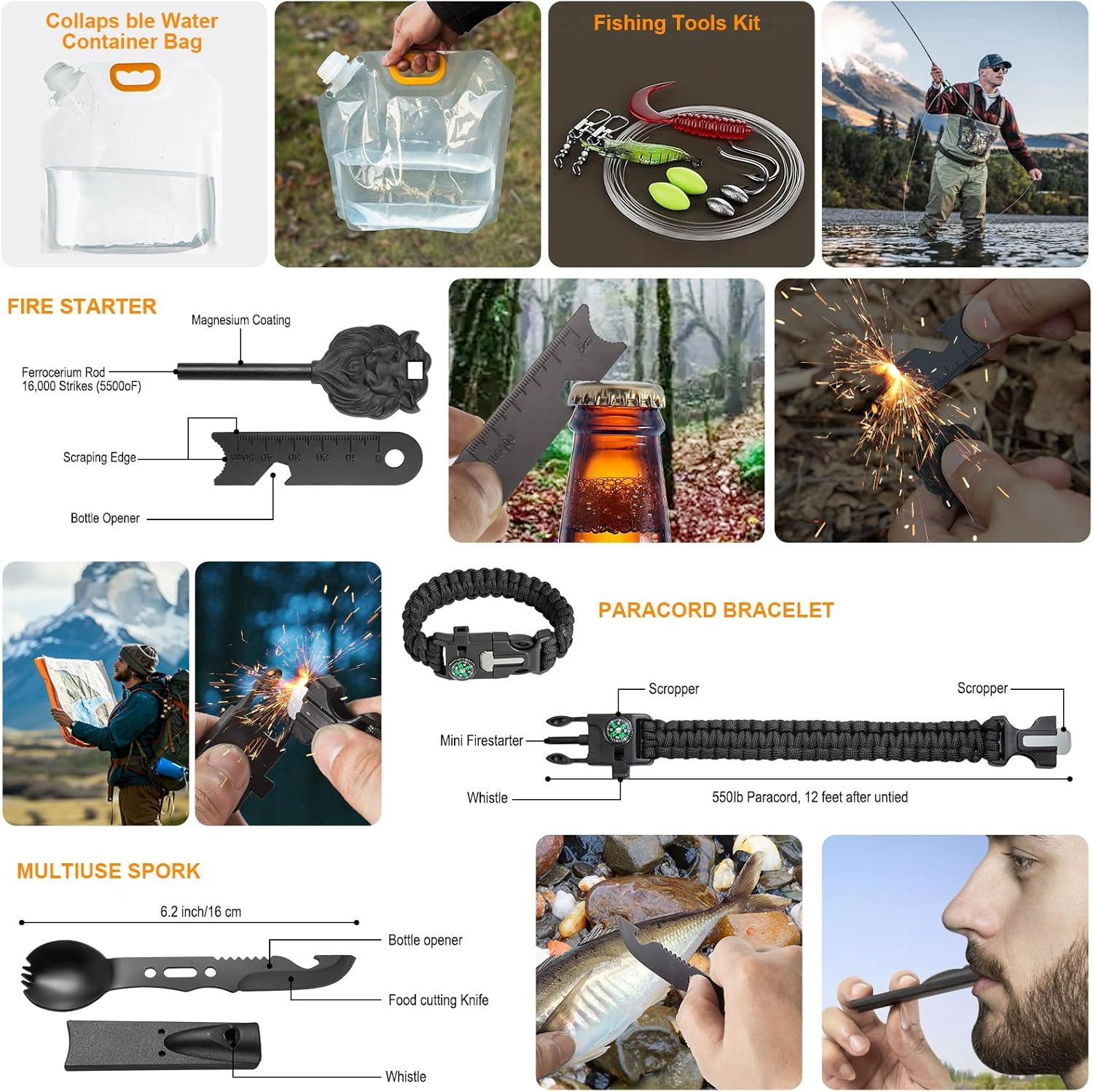 Survival Kit,360 Pcs Bug Out Bag with First Aid Kit.Camping Axe, Survival Shovel