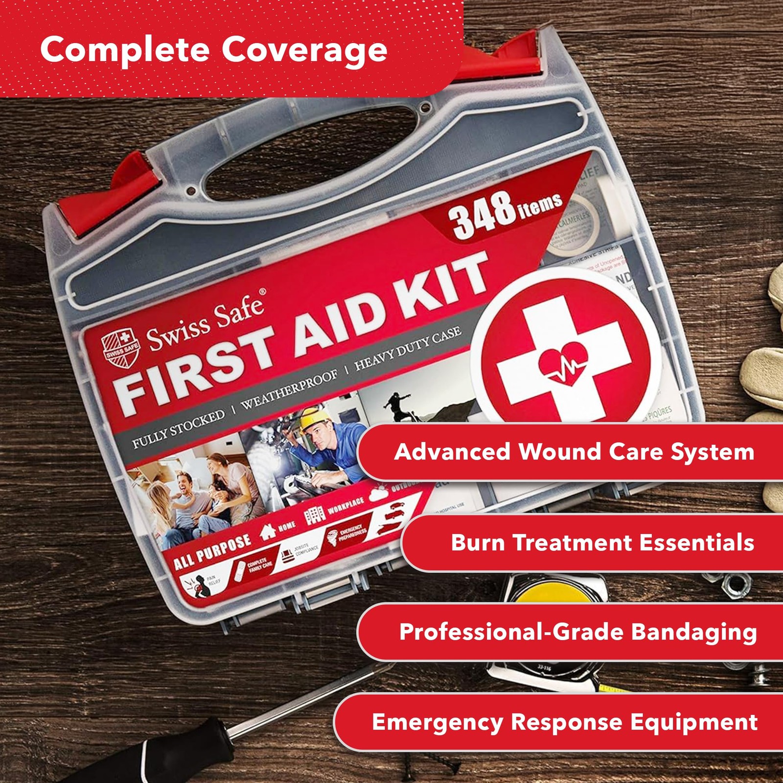 Swiss Safe 2-in-1 First Aid Kit for Car, Travel & 1 Pack, Large Hardcase