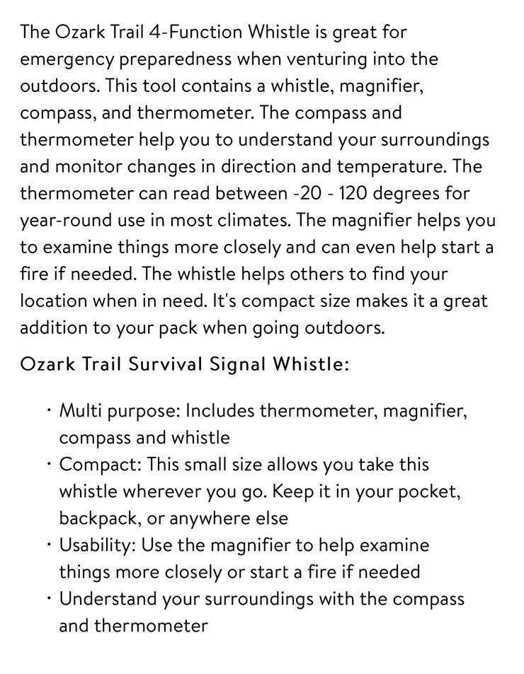 Ozark Trail 4-Function Whistle-thermometer, Magnifier, Compass, Whistle- New