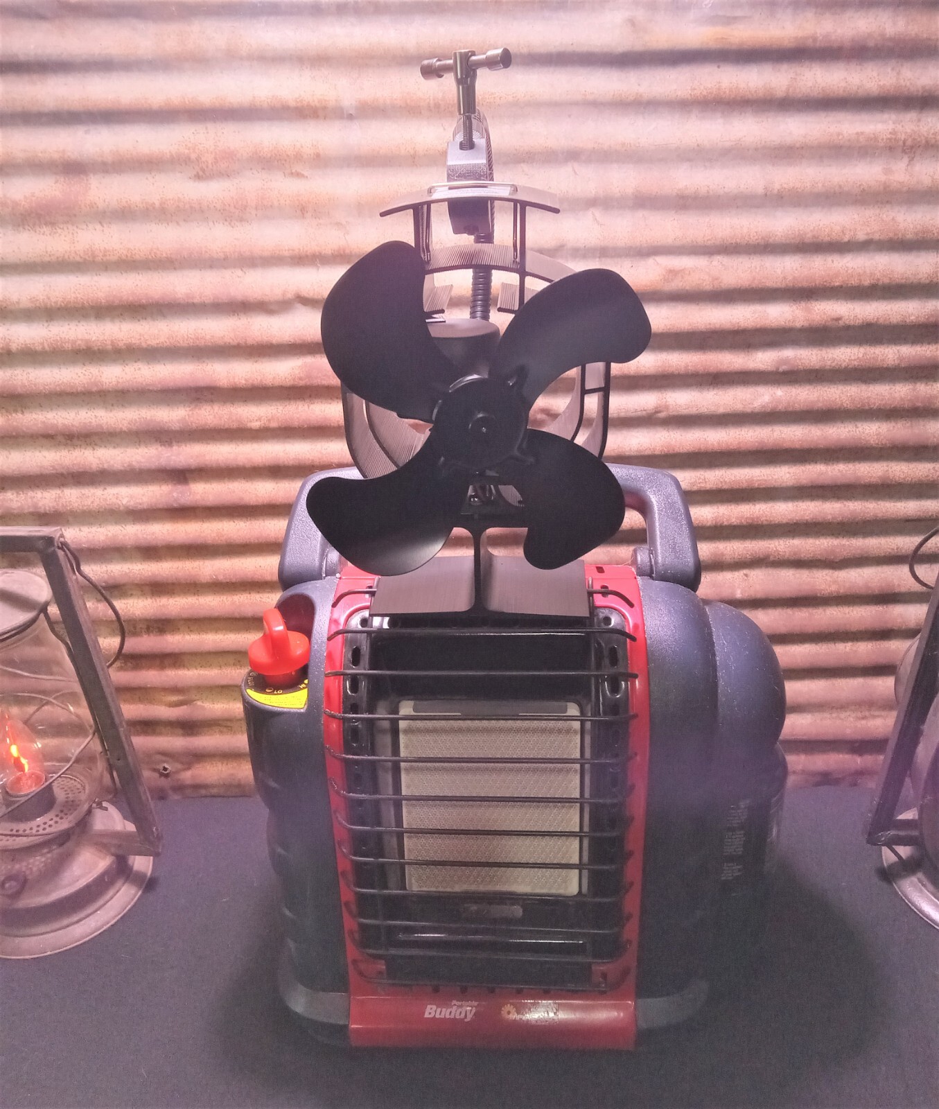 Mr. Heater “Buddy” Single Tank Wood Stove, Heat Powered Fan Mount. Custom Built.