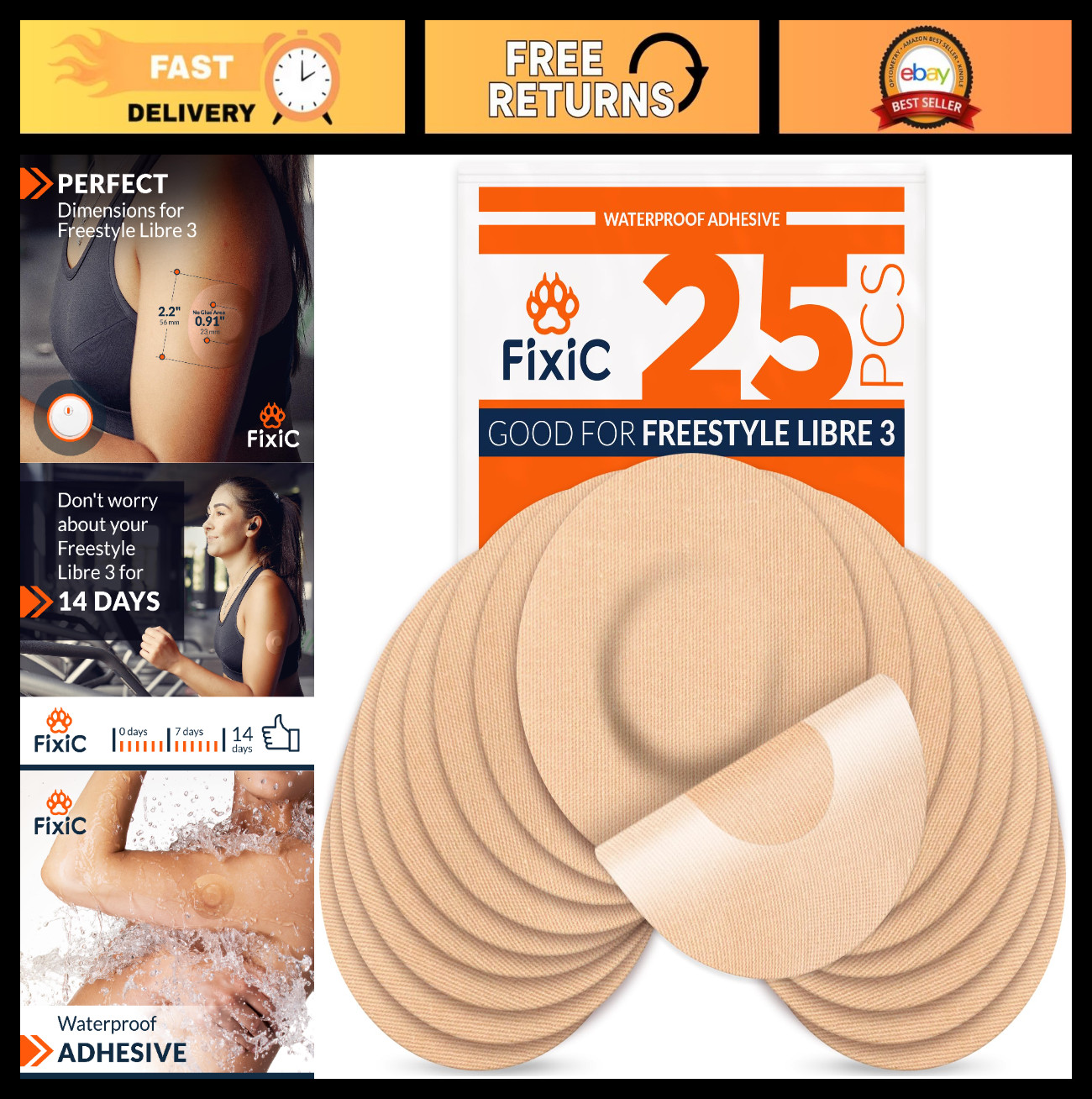 25 Pack Libre 3 Sensor Covers – Adhesive Patches for Freestyle Sensors – No Glue