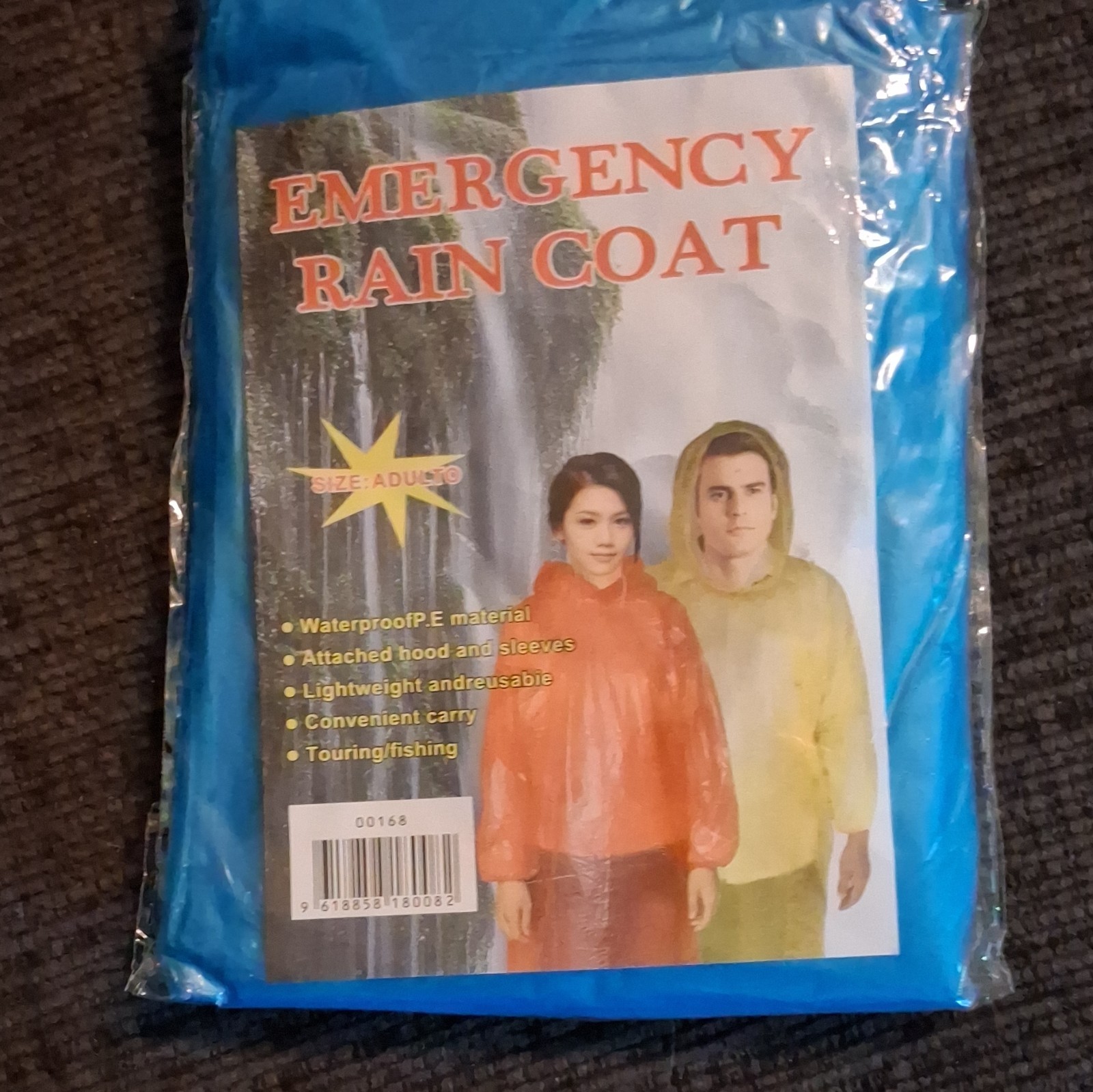 Blue Waterproof PE Emergency Rain Coat with Hood and Sleeves Adult Size