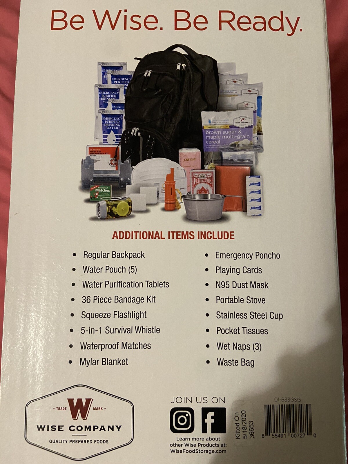 Emergency Survival Kit Backpack 5-Day Food Water First Aid Whistle Playing Cards