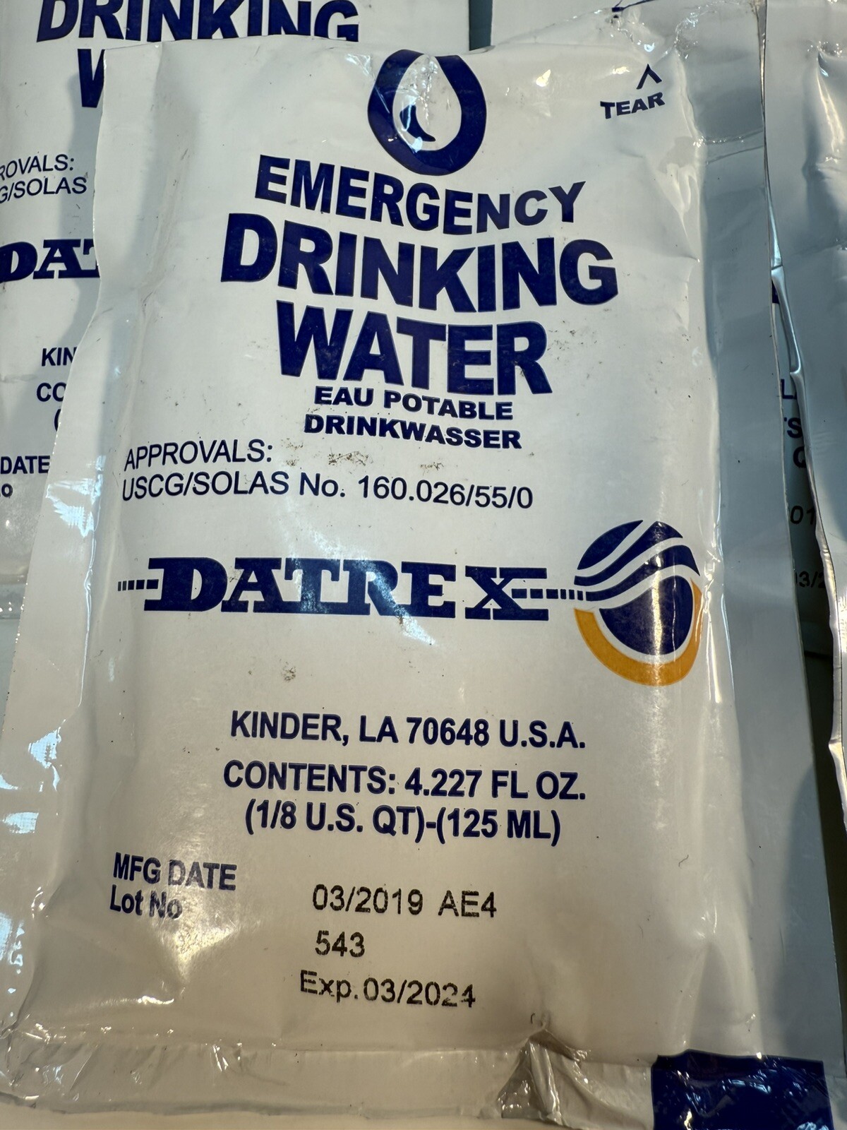 Datrex Emergency Drinking Water 4oz / 125ml – 8 Bags (EXP: 03/2024) EXPIRED