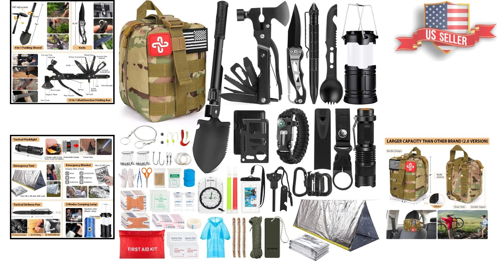 Emergency Survival Kit: 250 Pieces with Molle Bag & Tent for All Conditions