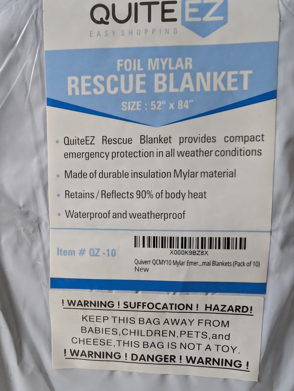Mylar Rescue Blankets 52″x84″ Quite EZ QZ Sealed Pack Of 10