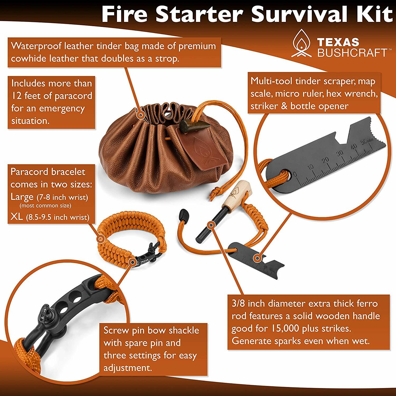 SURVIVAL KIT Mulit-Tool Fire Starter Wrench Paracord Bracelet Leather TINDER BAG