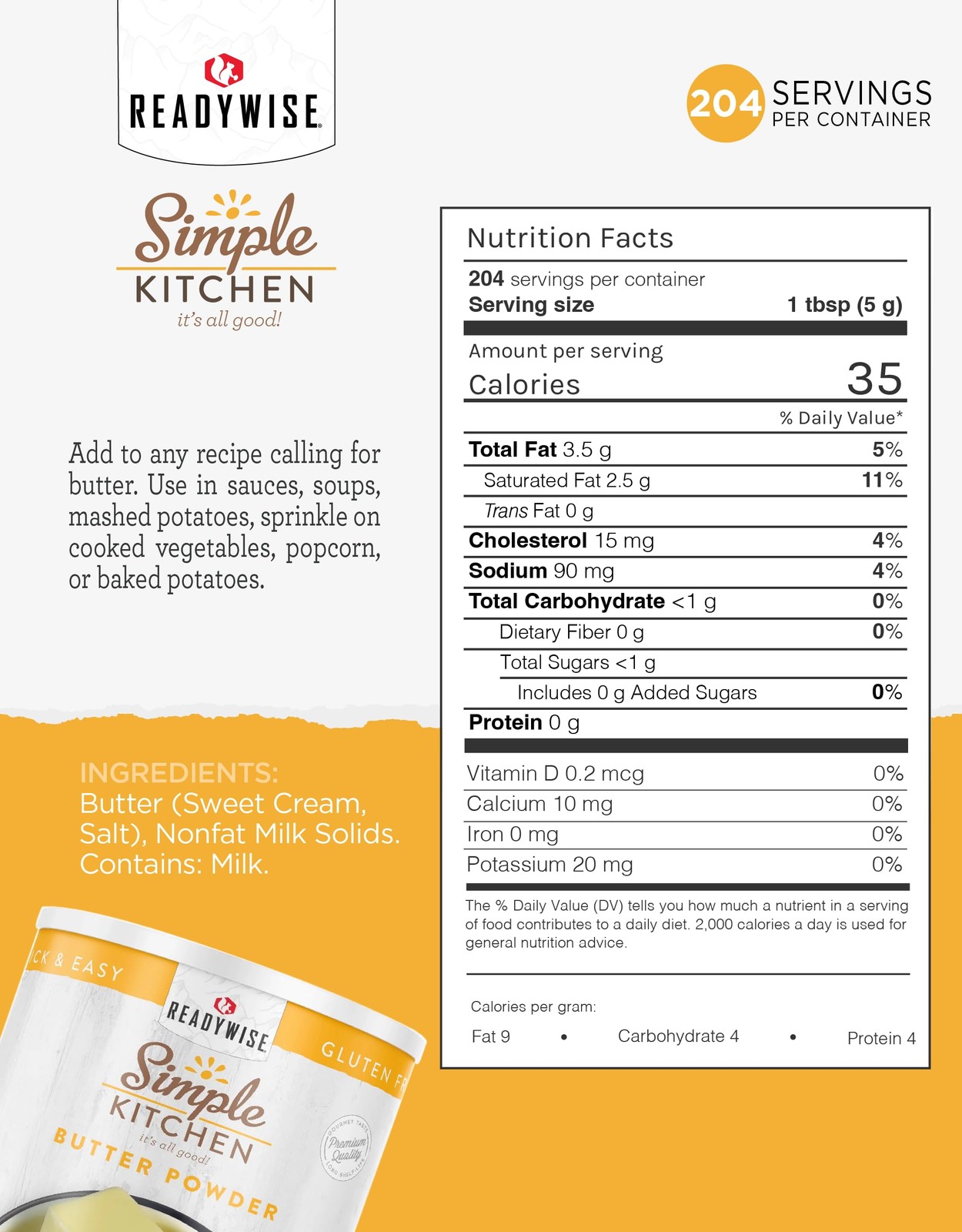 Simple Kitchen Freeze Dried Butter Powder – 204 Servings for 204 Serving Can