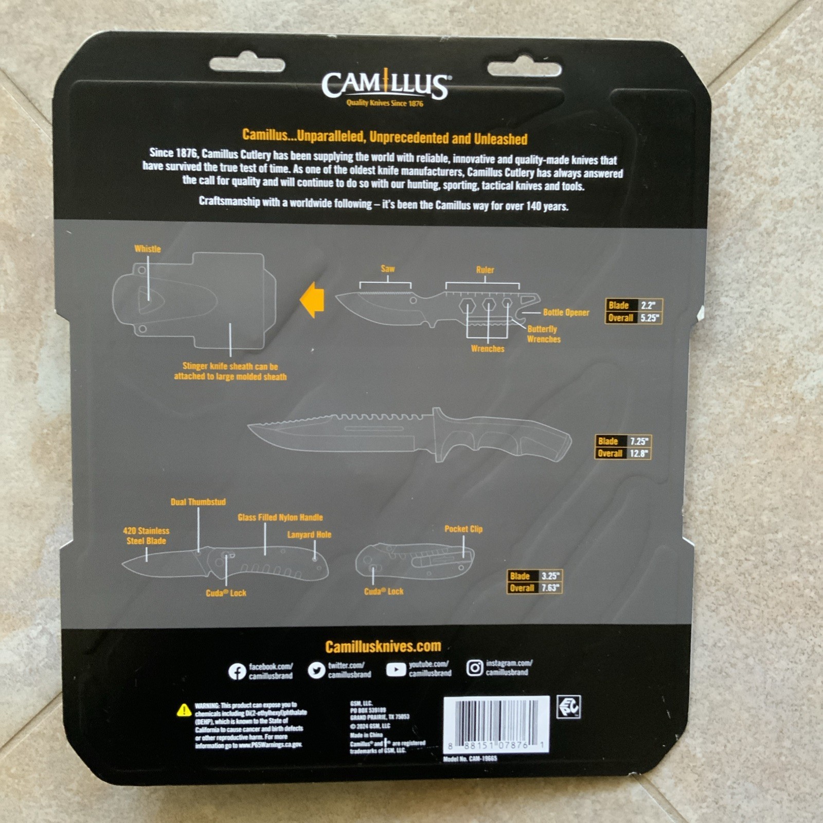 Camillus Warrior Pack 12.8 Survival Knife, Stinger Knife, Folding Knife, Whistle