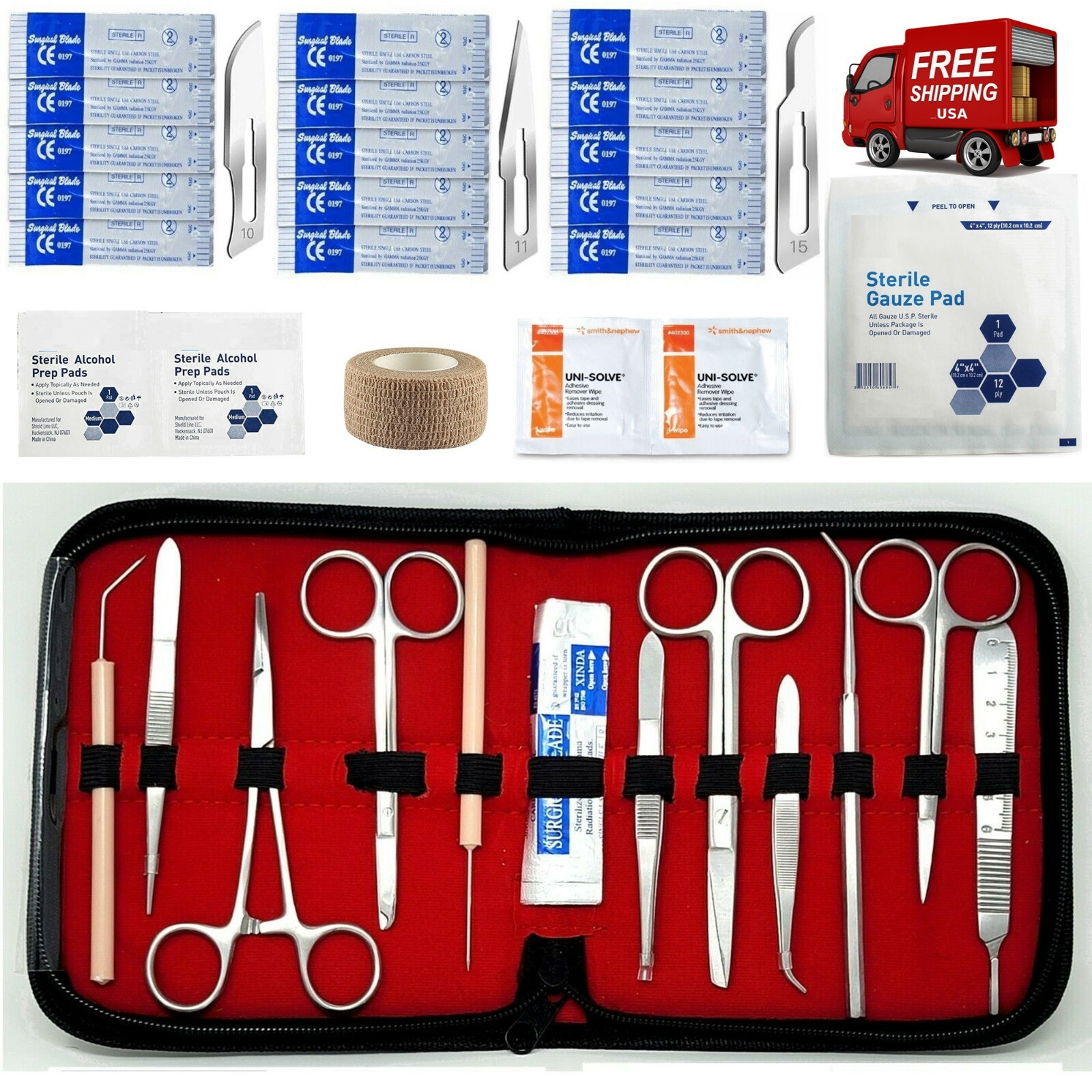 First Aid Kit, Emergency Wound Care Suture Kit, 48 Piece in a Carrying Case