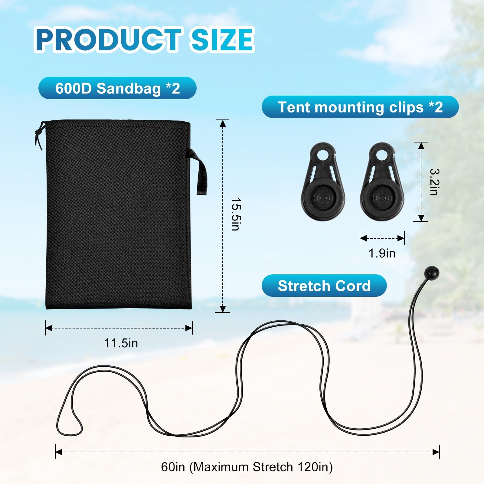 2 Pack Beach Shade sandbag:15.5inx11.5in;clamp:3.2inx1.9in;cords:60″, Black