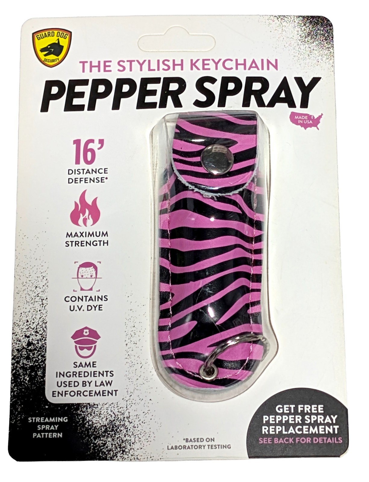 Self Defense UV Dye Pepper Spray 0.5oz 16ft Spray Pink Zebra Keychain Guard Dog