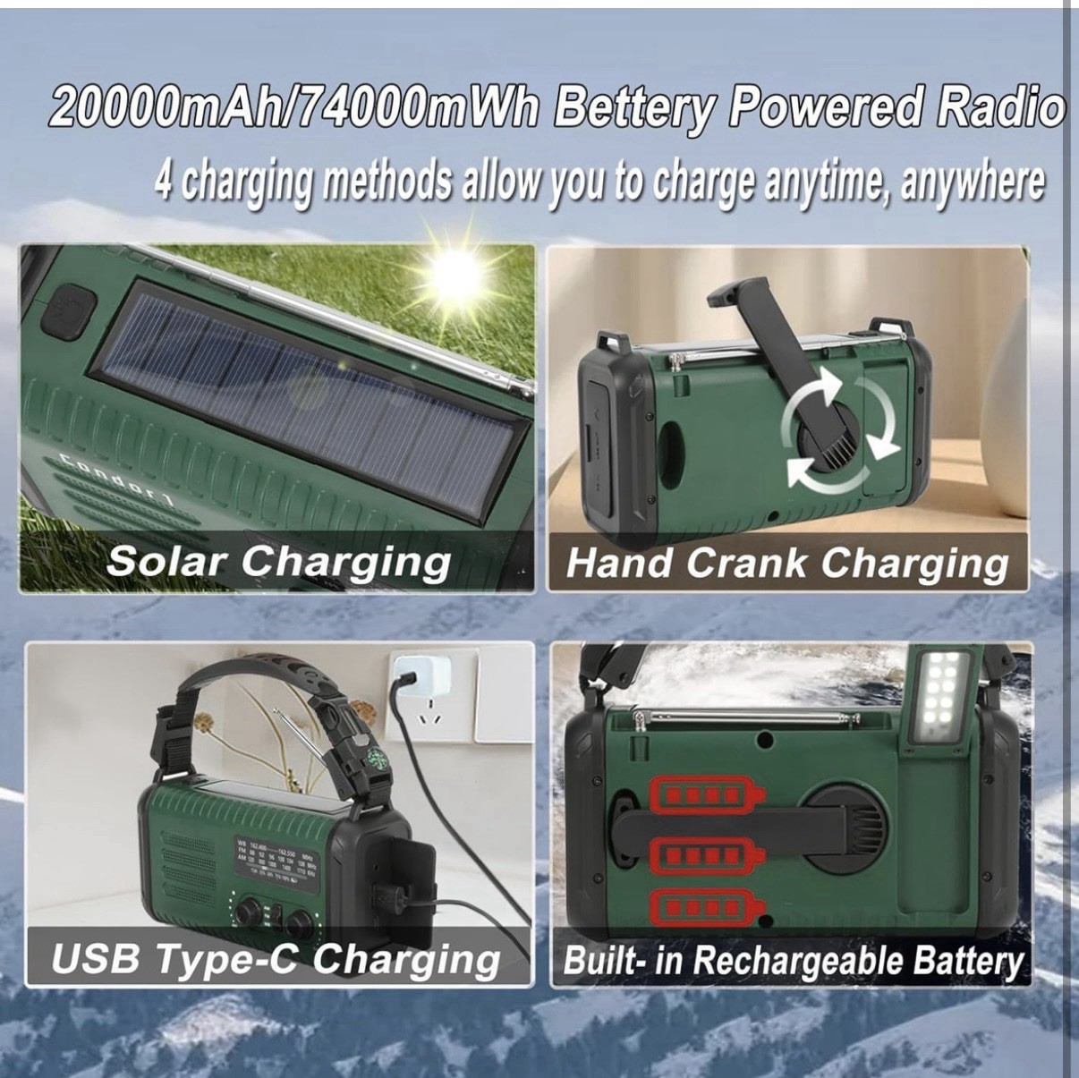 20000mAh/ 74000mWh Hand Crank Emergency Radio AM/FM/NOAA Weather