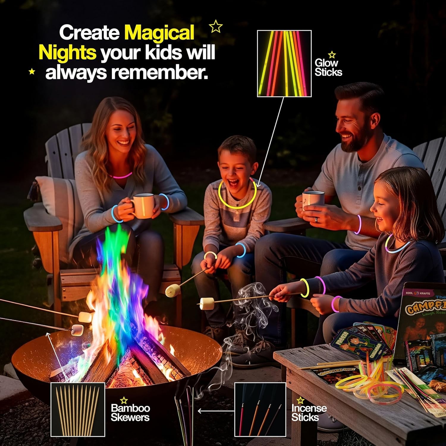 Family-Friendly Campfire Kit: 6 Color-Changing Flames, Games & Glow Sticks