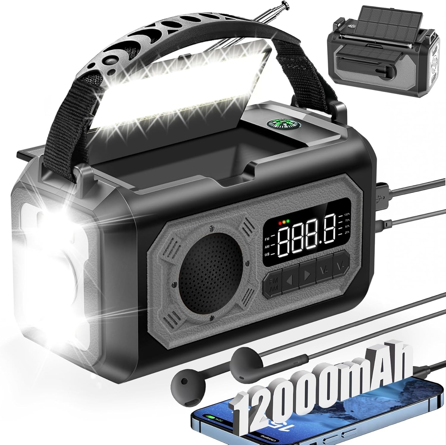 12000mAh Emergency Weather Radio, Hand Crank Solar Radio Portable Gray