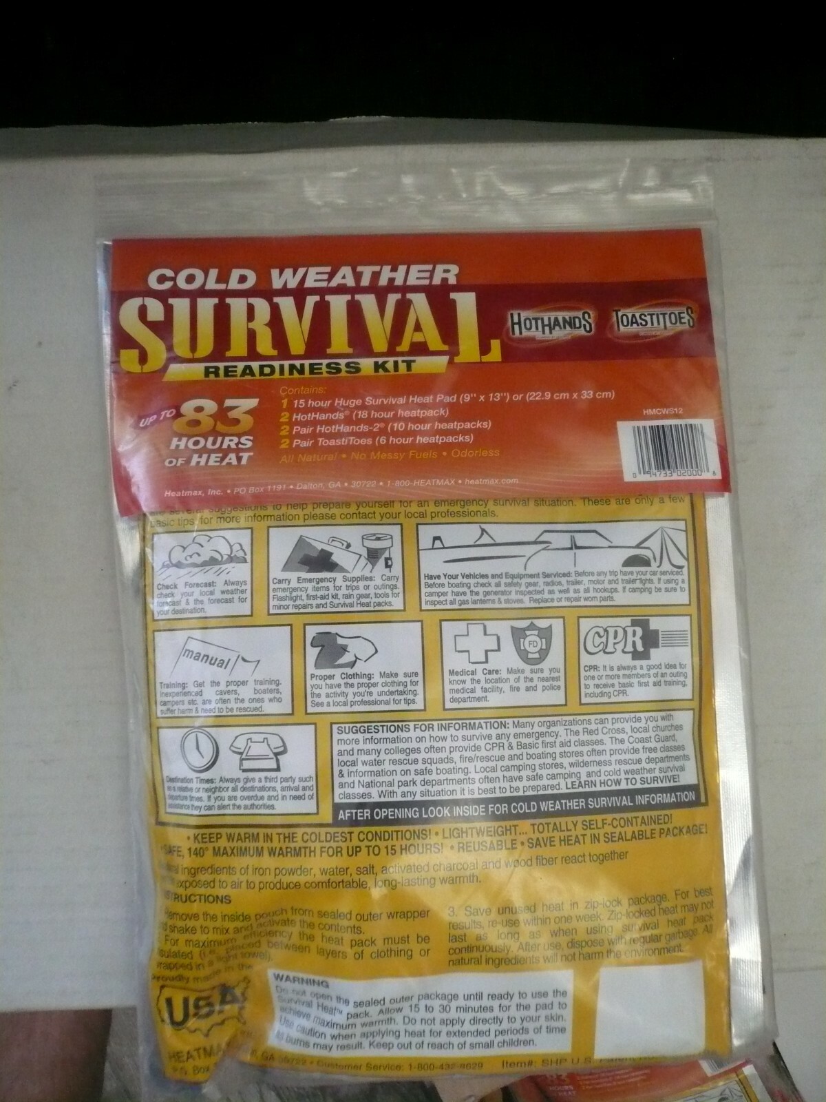 Lot of 18 Cold Weather Hand and Foot Warmer Survival Readiness Kits HMCWS12