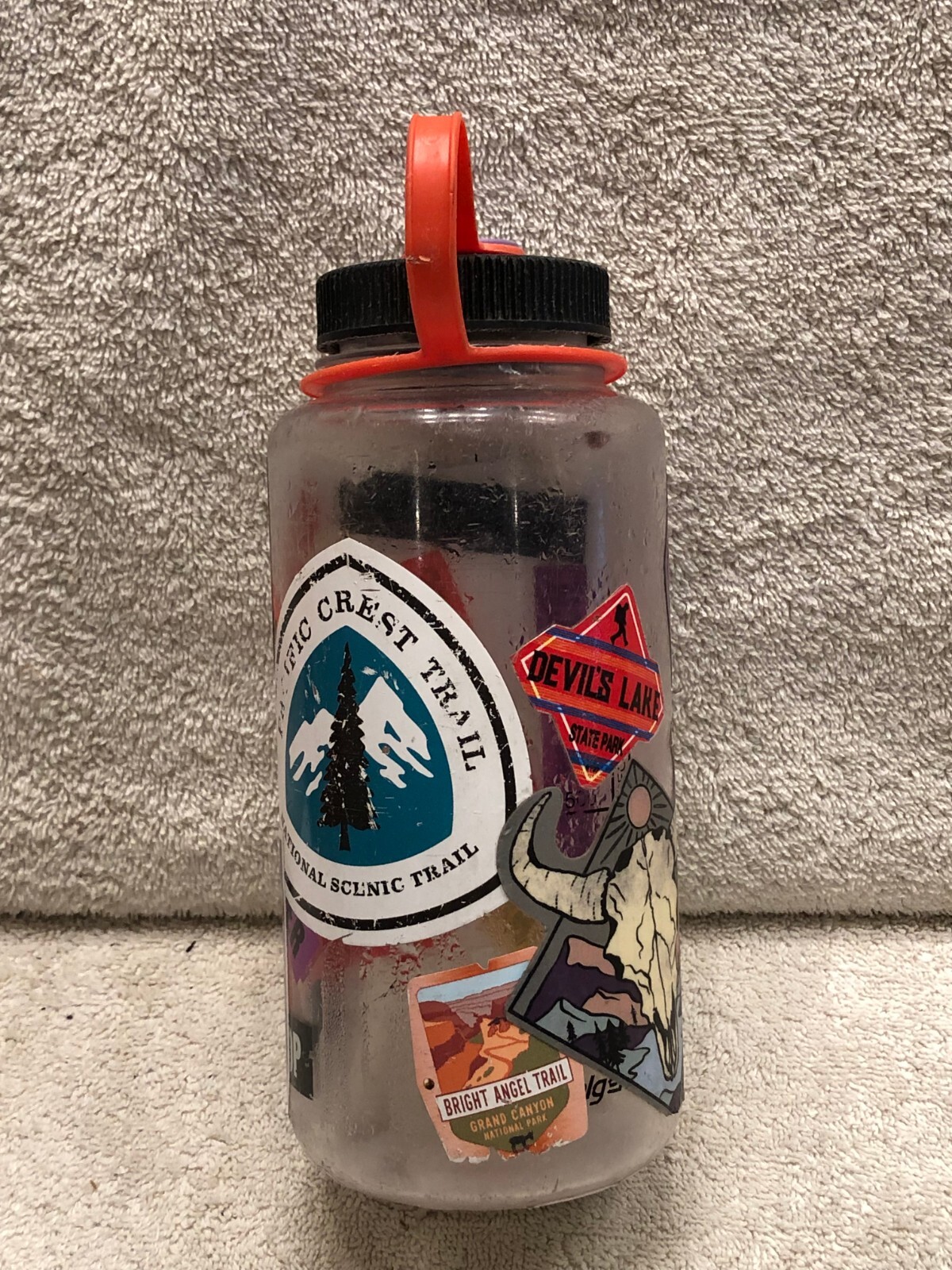 8 1/4 in tall empty bottle container by Nalgene with many National Parks Sticker