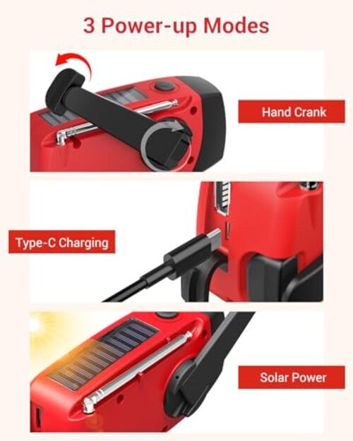 Emergency Hand Crank Radio 7400mWh with 3 LED Flashlight, AM/FM/NOAA Red