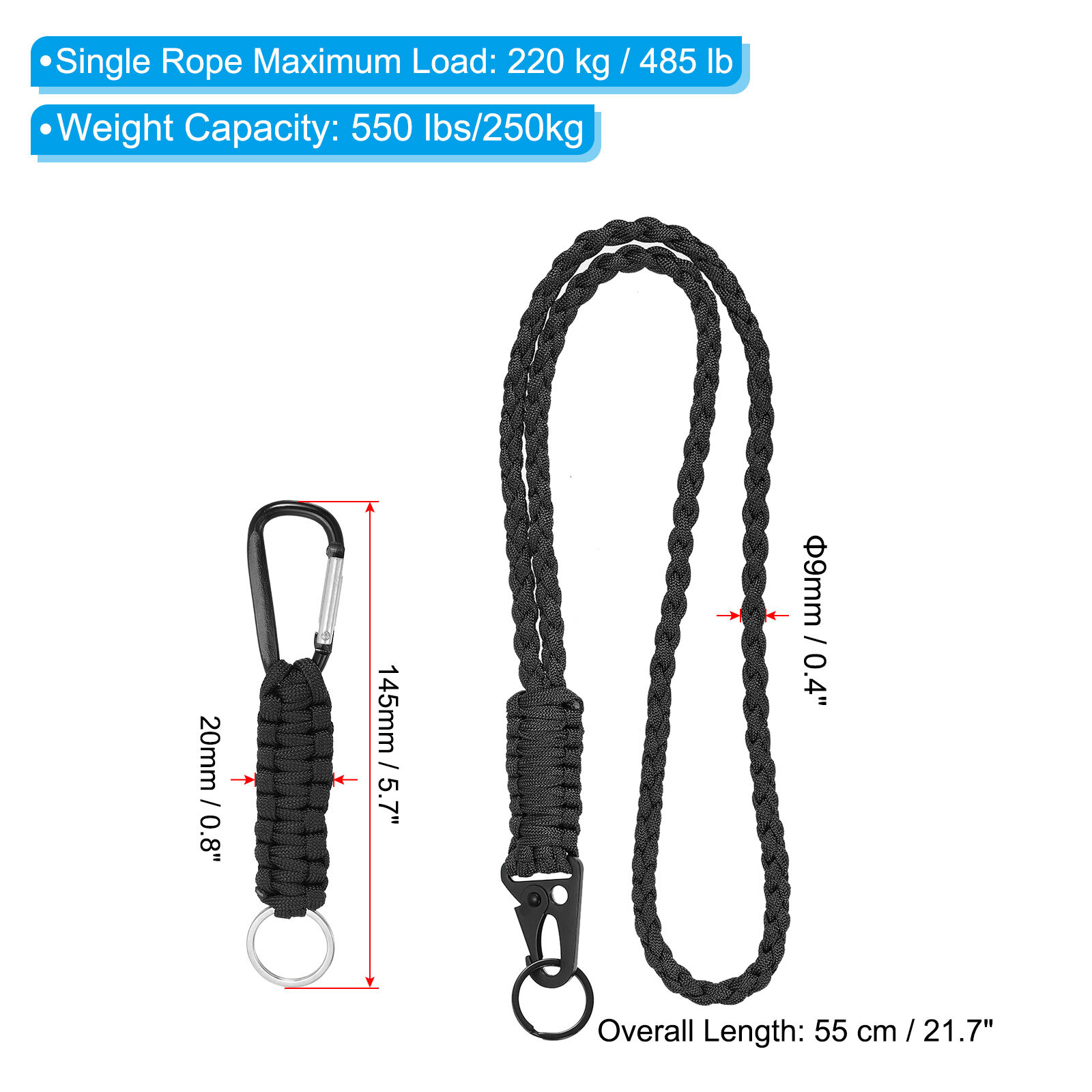 2Pcs Braided Paracord Lanyard Keychain, Paracord Neck Badge Lanyard Black