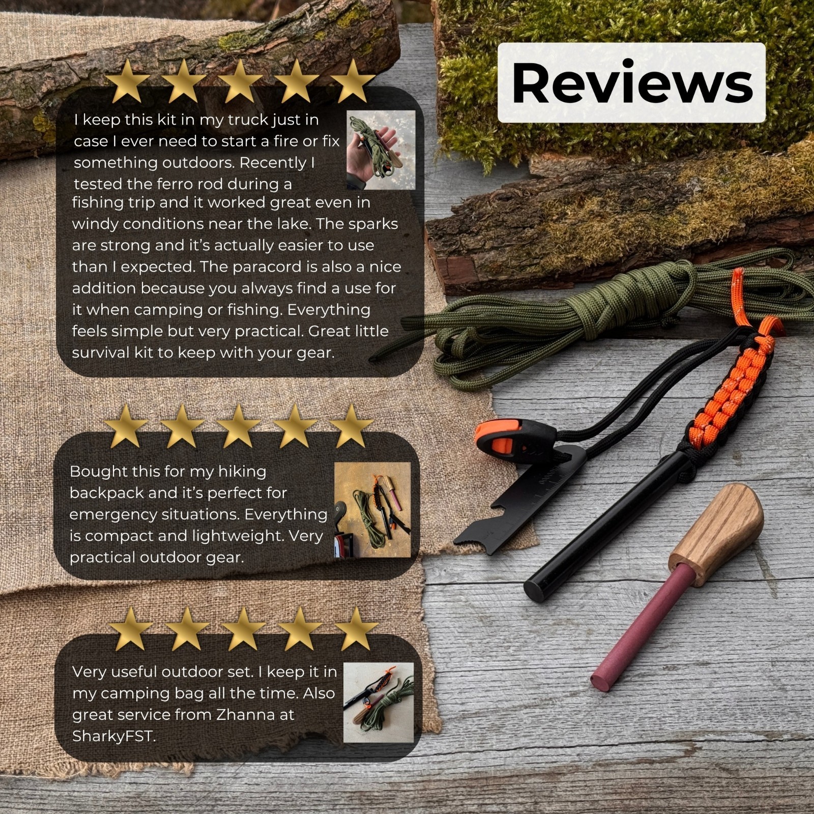 Bushcraft Survival Kit with Ferro Rod Sharpener Paracord Camping Gear Sharky