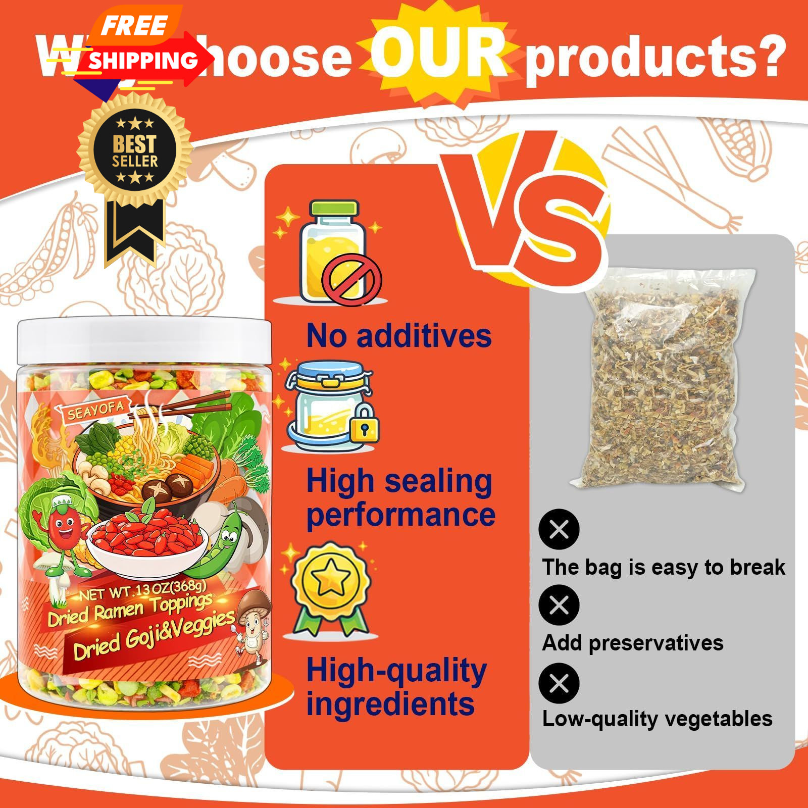 13oz Mixed Dehydrated Goji & Vegetables, 9 Kinds Dried Ramen Toppings with…
