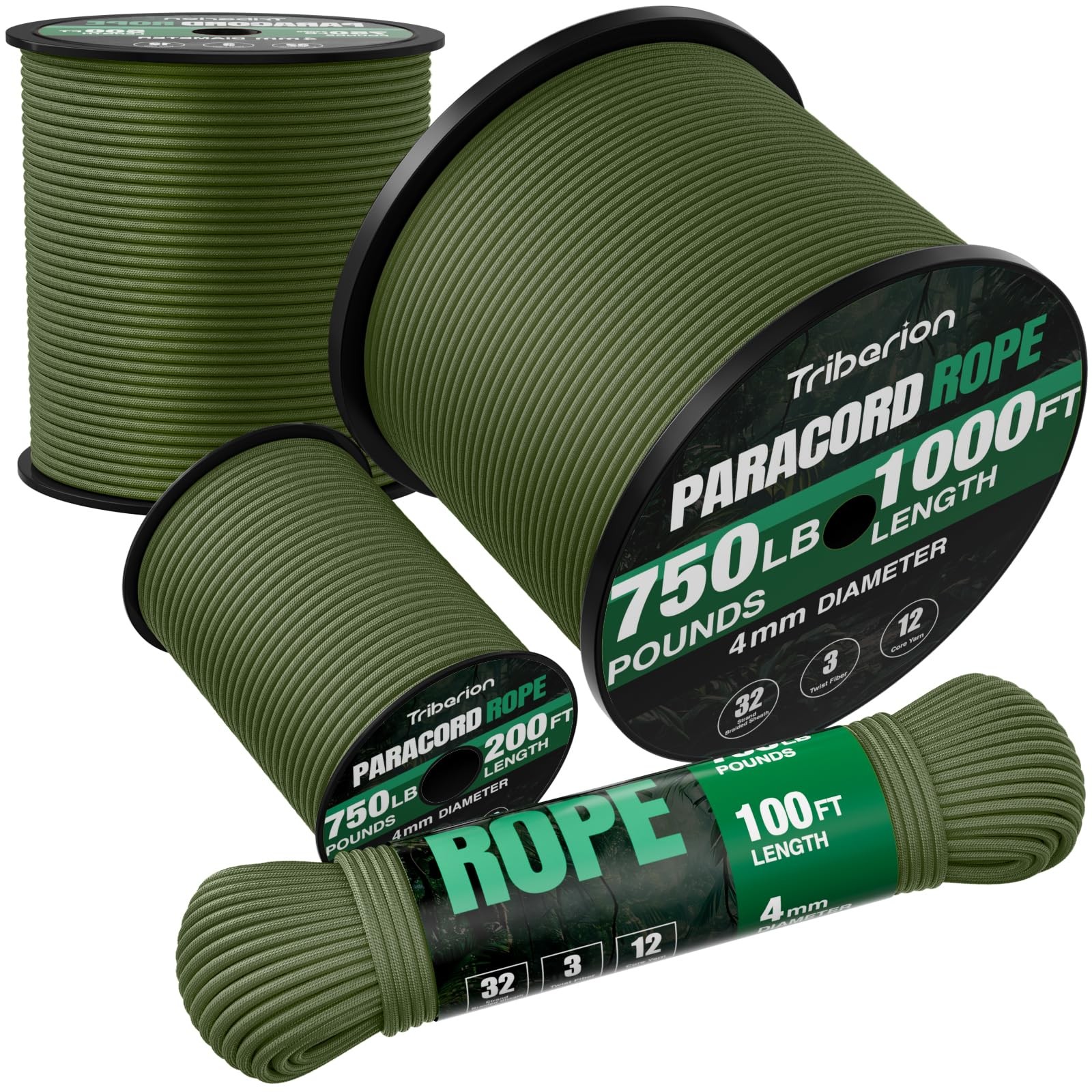 TRIBERION Paracord Rope 750 lb – 1000ft / 500ft / 200ft / 100ft, Army Green