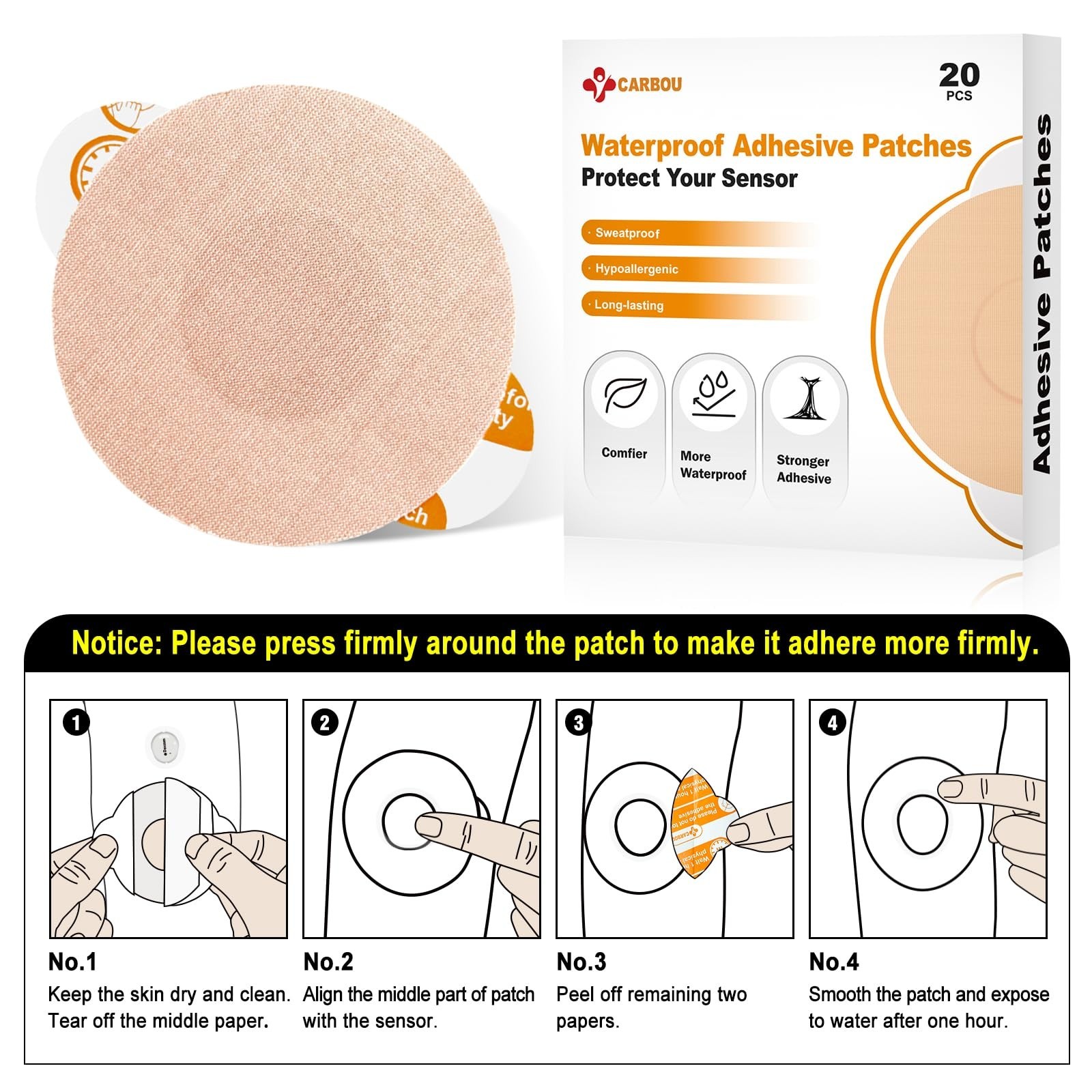 20PCS Waterproof Sensor Covers for Freestyle Libre 2/3, Adhesive Patches, No Glu