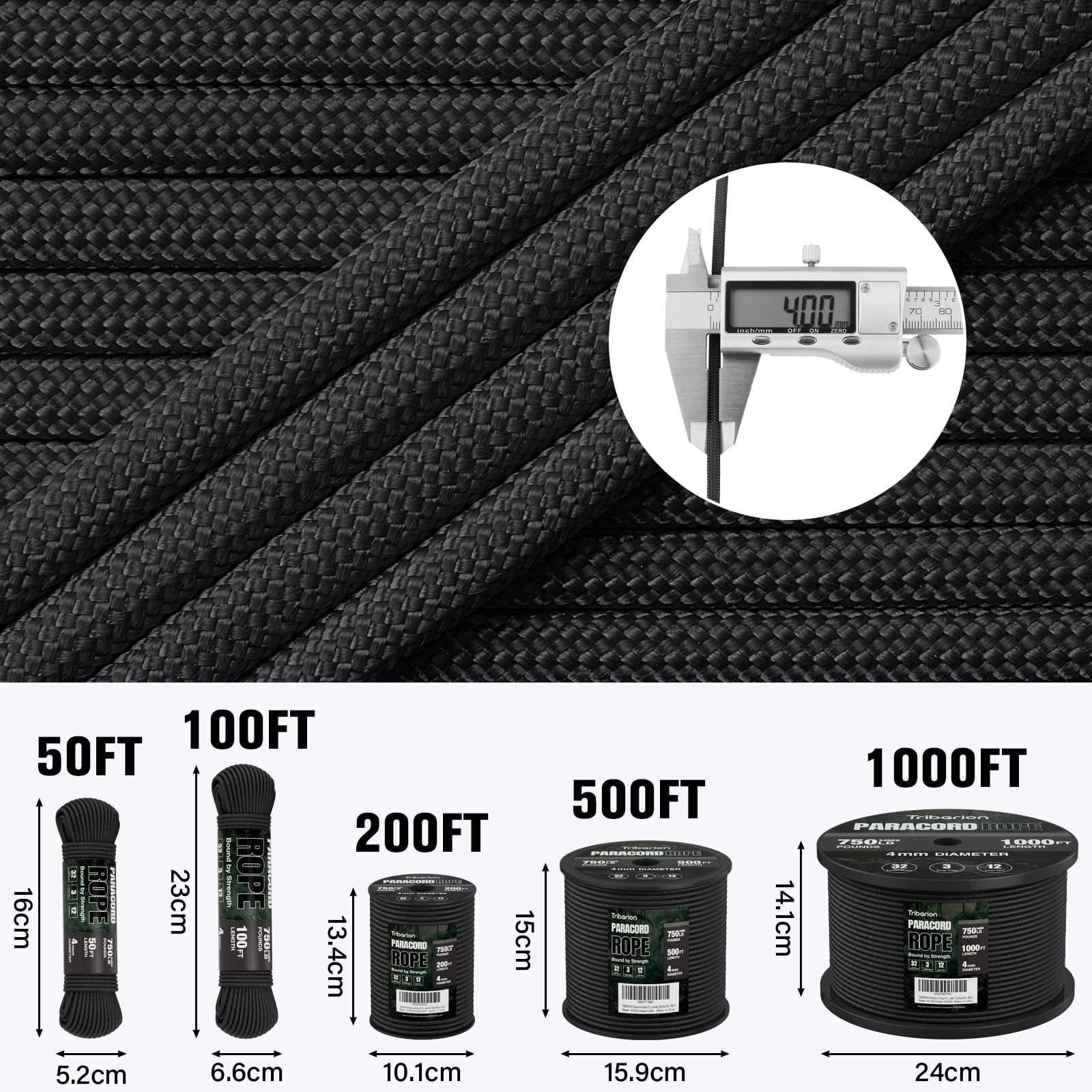 TRIBERION Paracord Rope 750 lb – 500ft 5/32″ Parachute Cord 4MM 500ft, Black