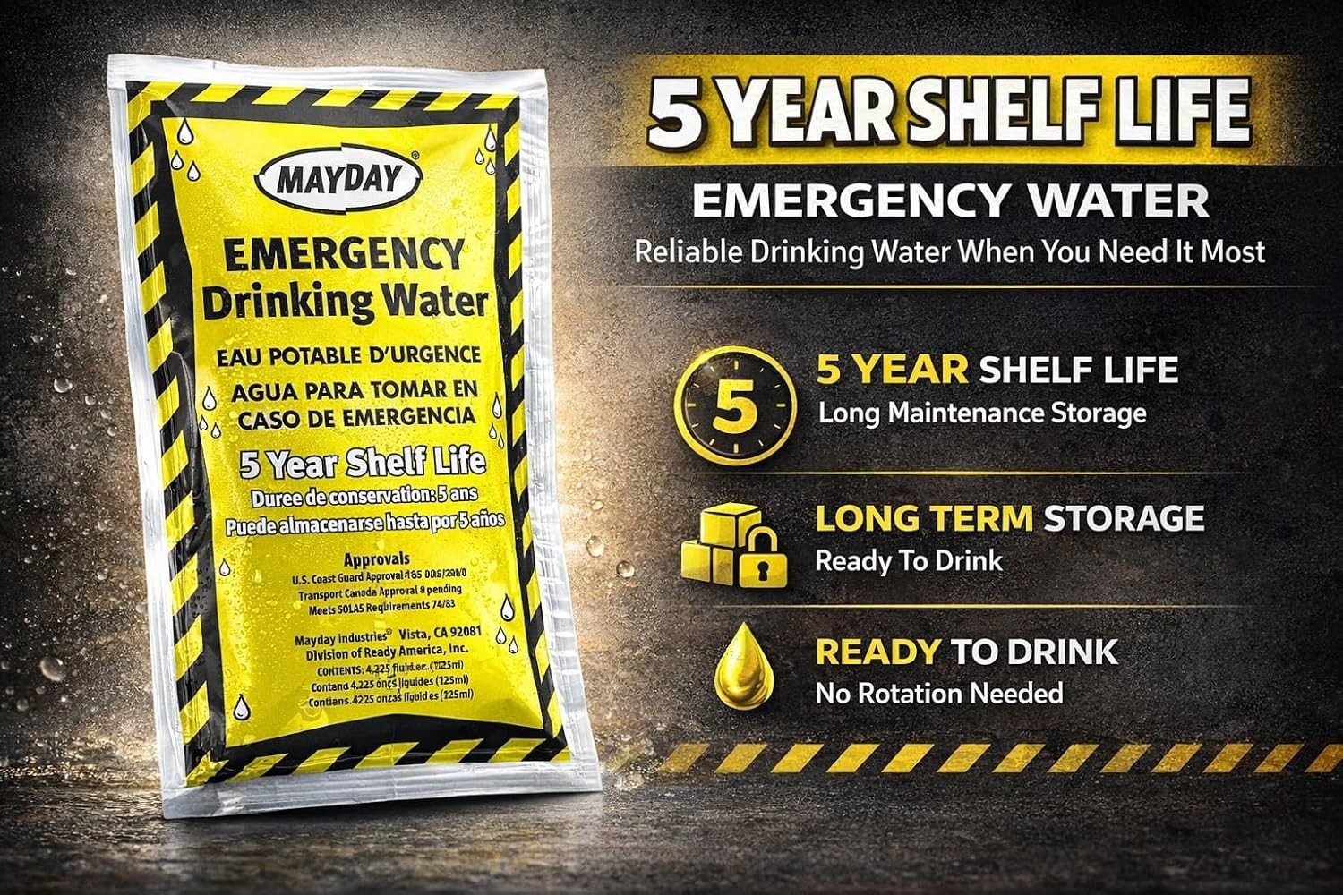 Mayday Leak-Proof Water Pouches – Purified, 4.225 Oz, 50 Pack for Safety