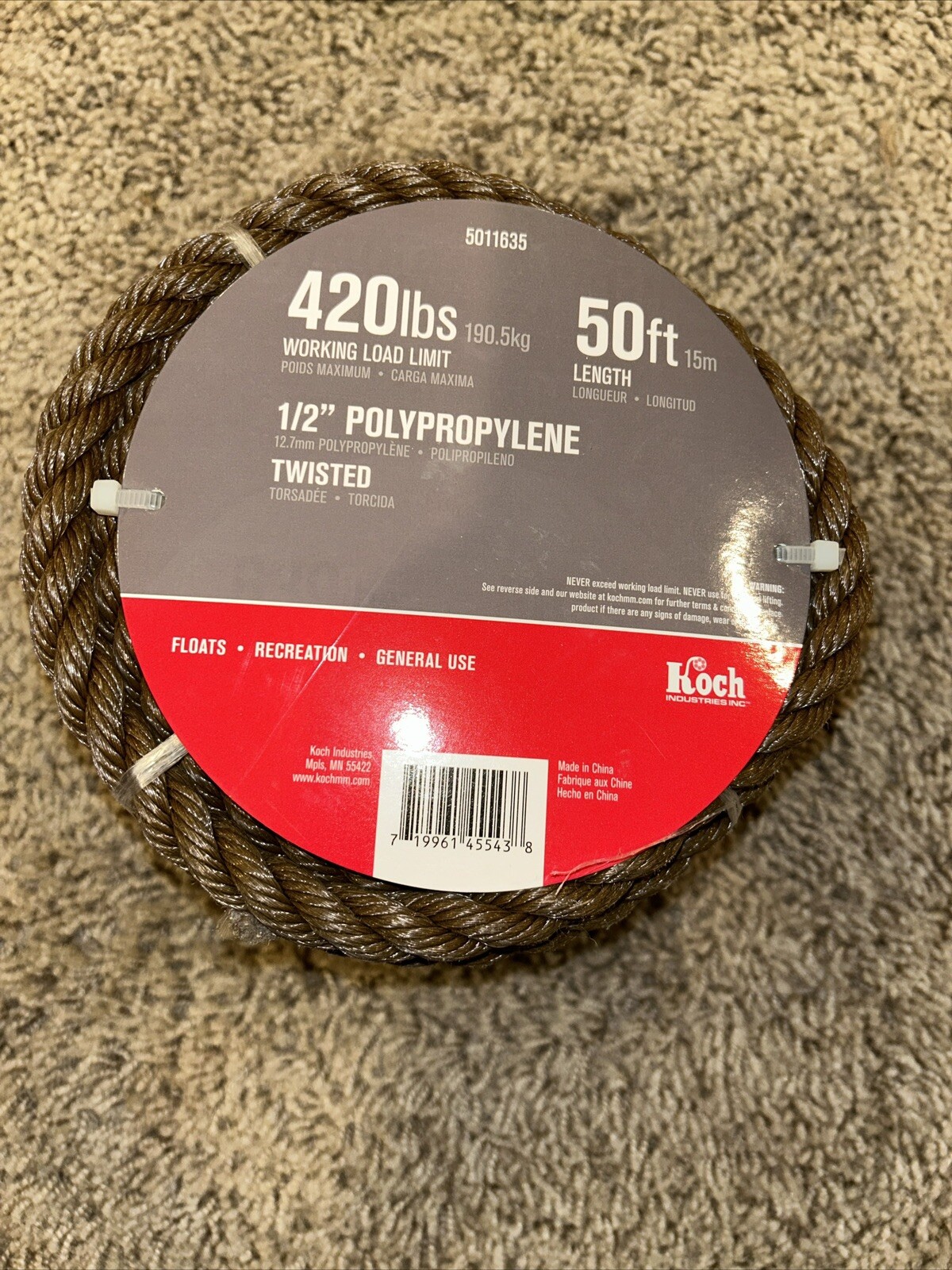 Half-inch poly propylene rope 50 foot