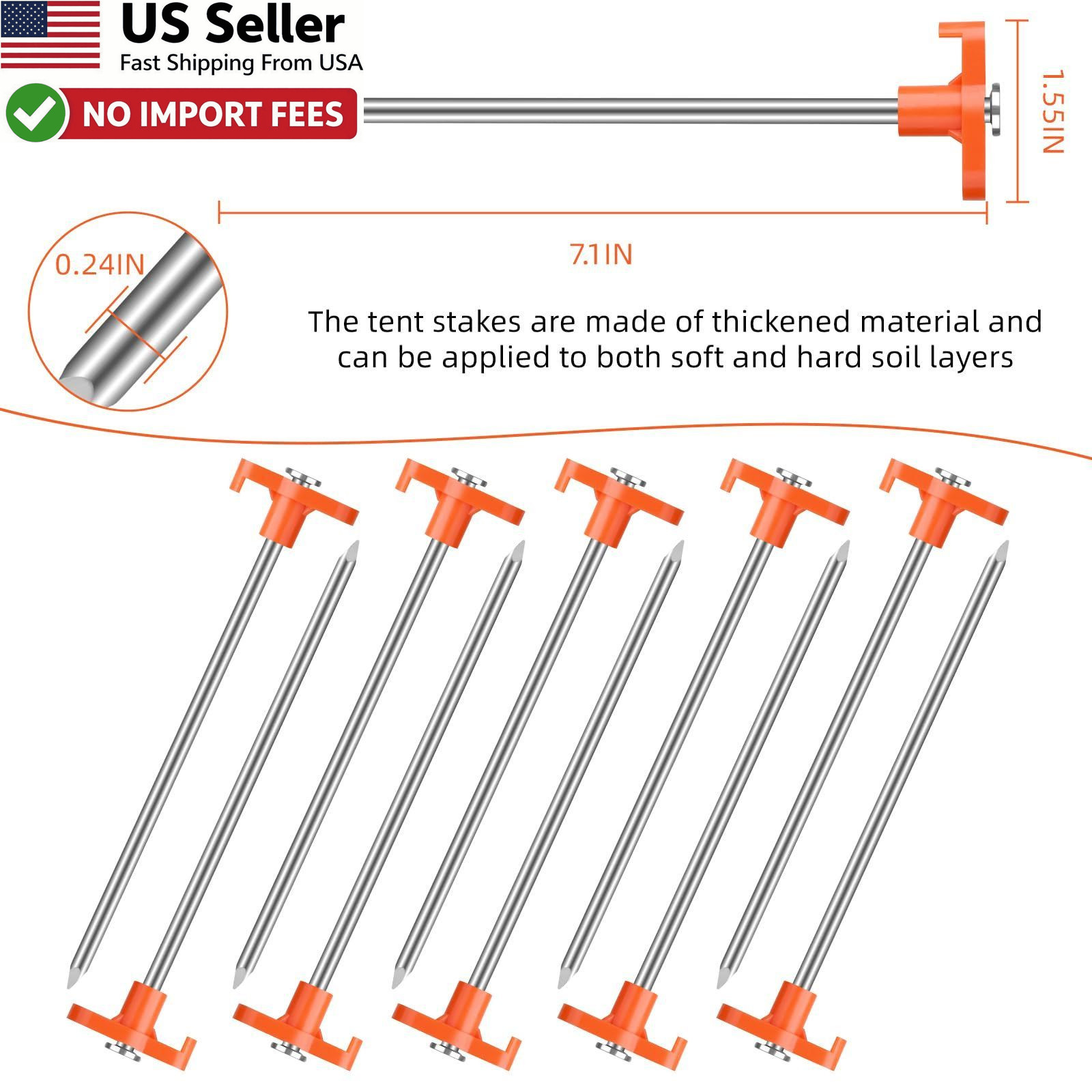 10Pcs Tent Stakes Heavy Duty 7″ Rust-Proof Metal Camping Pegs Orange FROM USA