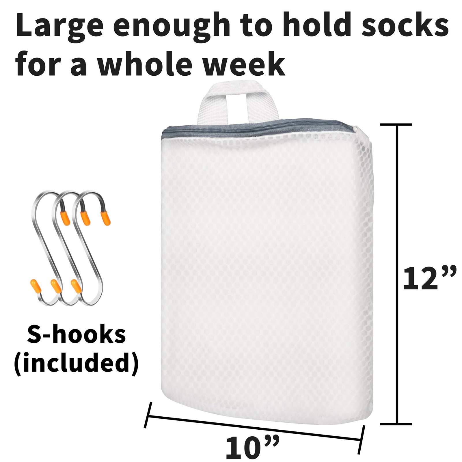 3Pcs Hanging Laundry Bags for Socks with S Hooks, 12 Large, white, pink, blue
