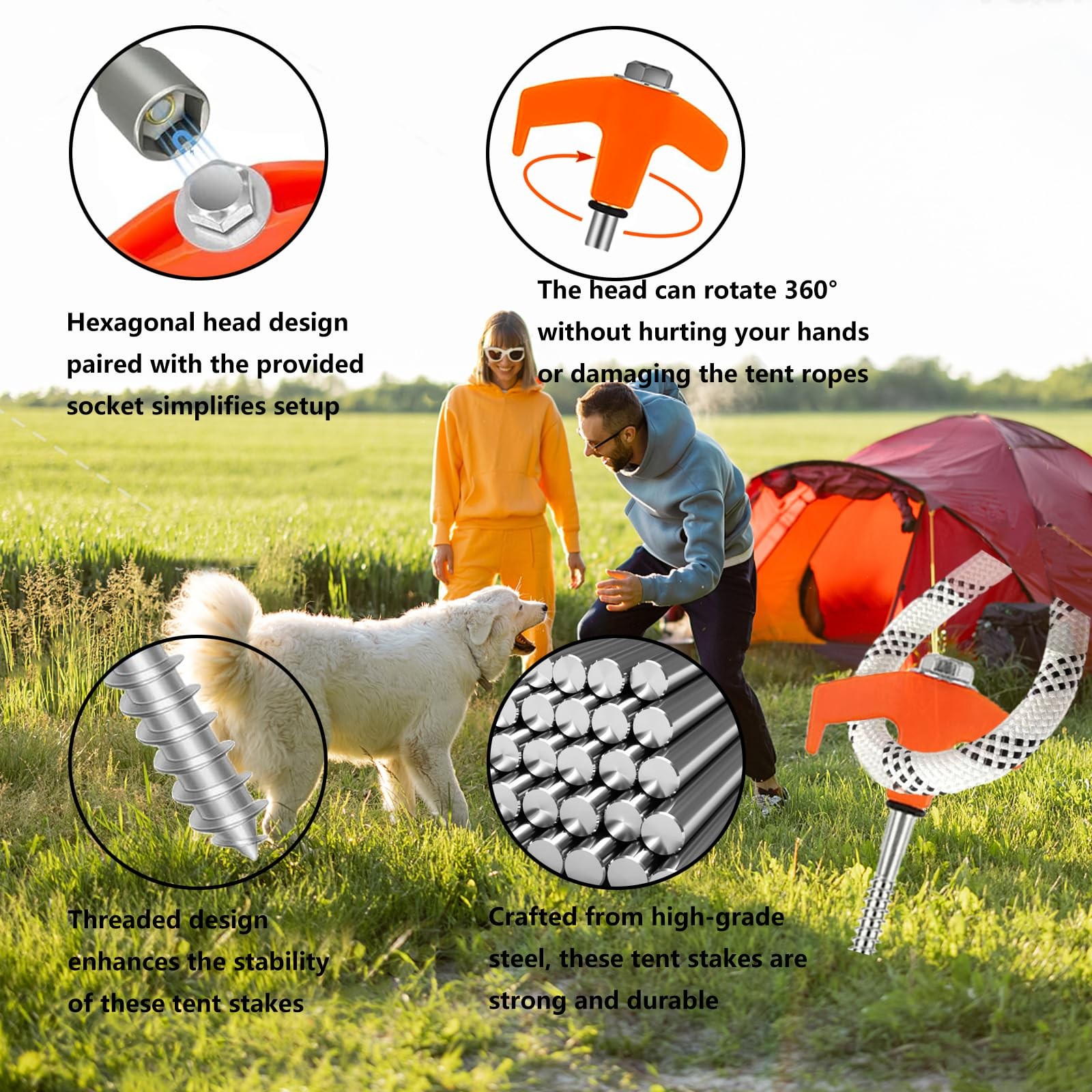 12 Pack 8 Inch Heavy Duty Screw In Tent Stakes Metal Ground Pegs Orange