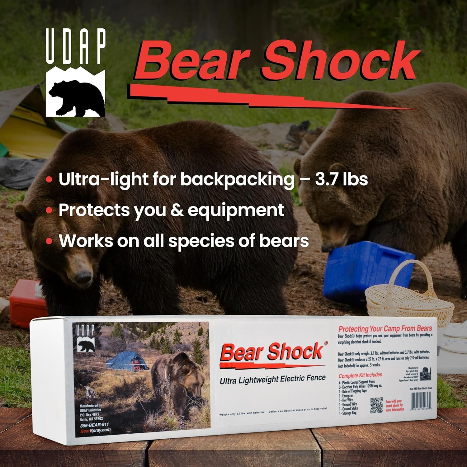 Bear Shock UDAP Ultra Light Electric Fence for Camp, Portable Camping Kit, 27×27