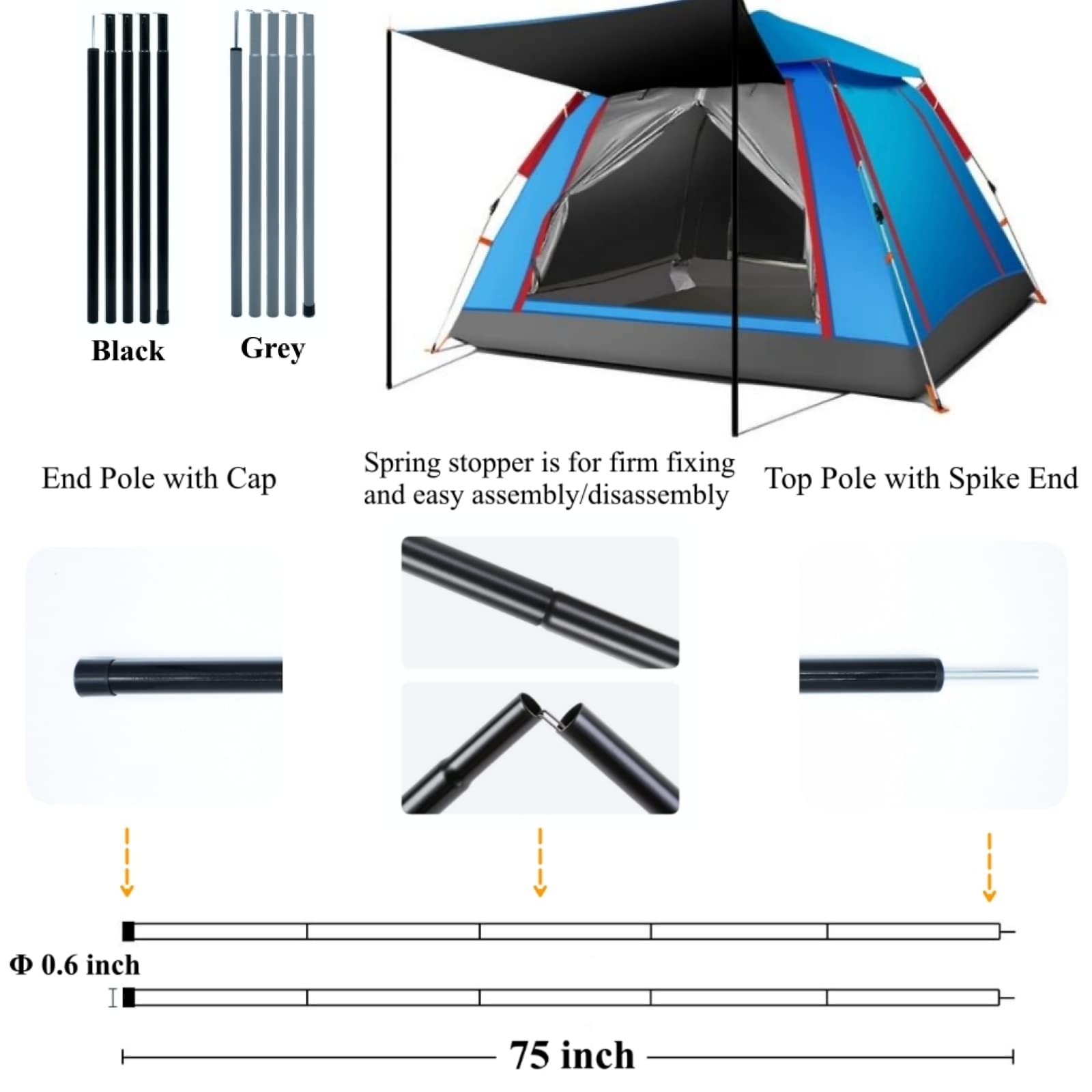 BATDIYOW Adjustable Tent Poles Steel Rods for Tarp Canopy 15IN-75IN, Black