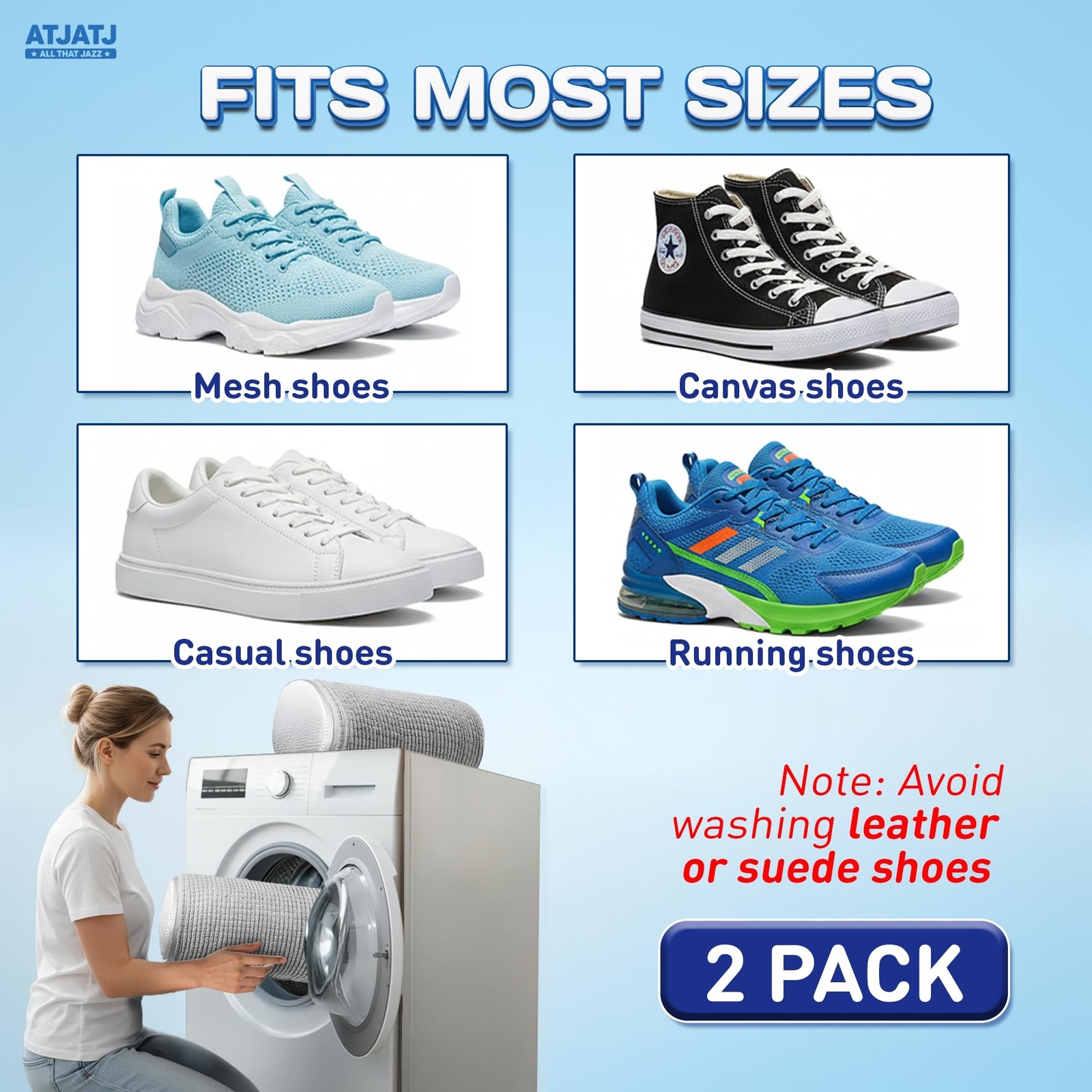 2-Pack Shoe Washing Machine Bag, 360° Deep 15 x 6.5 x inches, gray