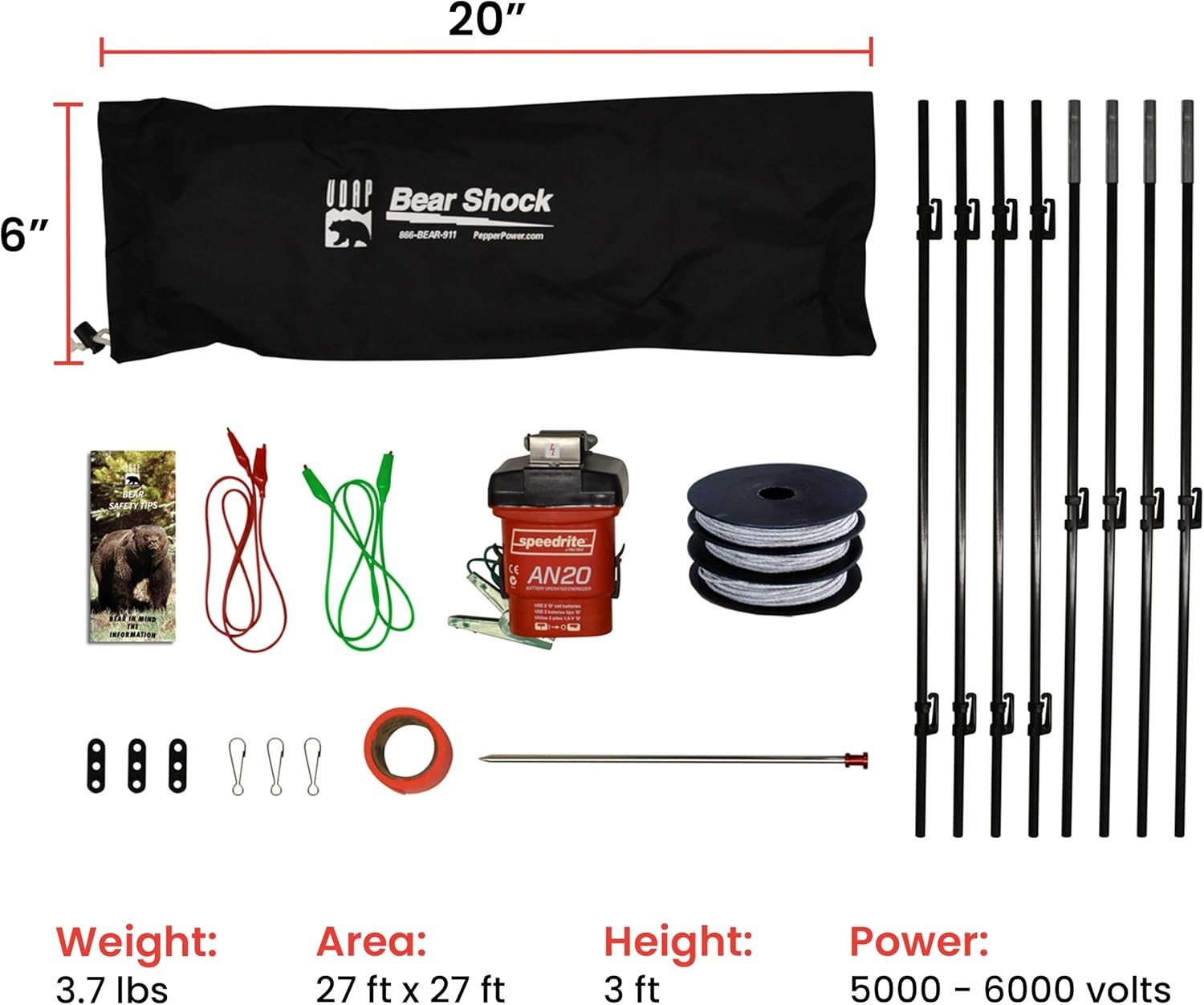 Bear Shock UDAP Ultra Light Electric Fence for Camp, Portable Camping Kit, 27×27