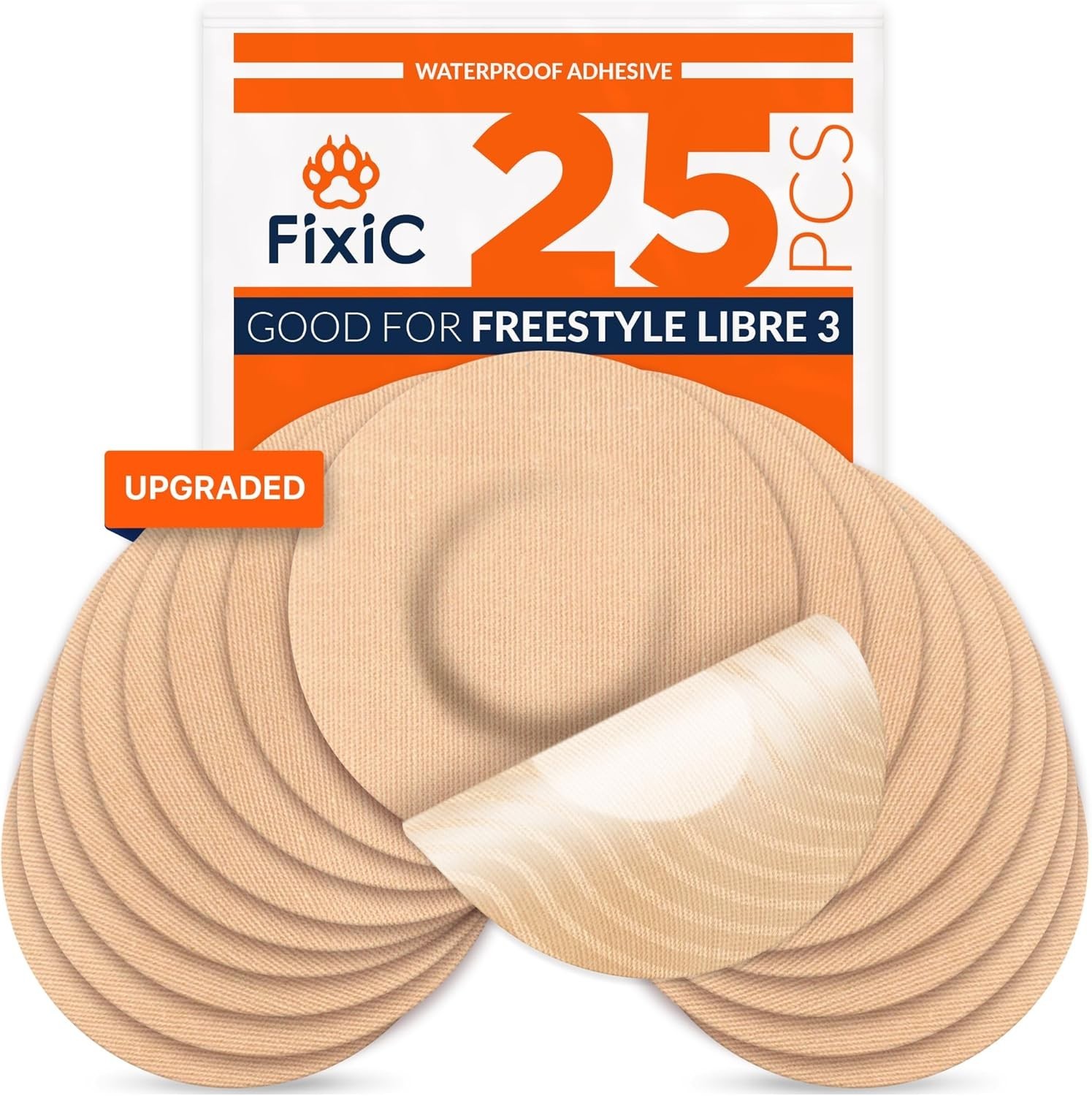 25 Pack Libre 3 Sensor Covers, Cotton, Tan, Hypoallergenic, Waterproof