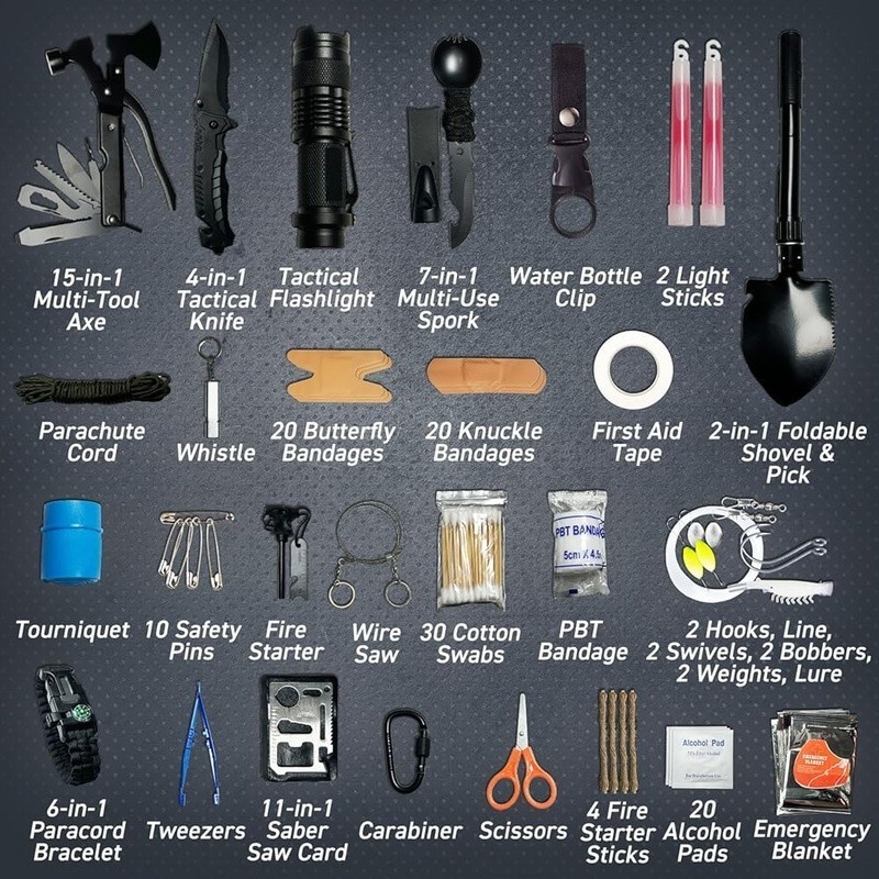 175Pcs Emergency Survival Kit First Aid Tools Multi-Tool Fishing Gear MOLLE Bag