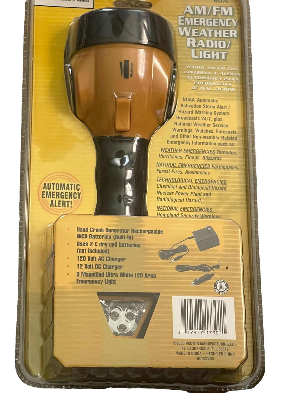 Vector AM/FM NOAA Emergency Weather Radio Light Hand Crank Generator VEC173 New