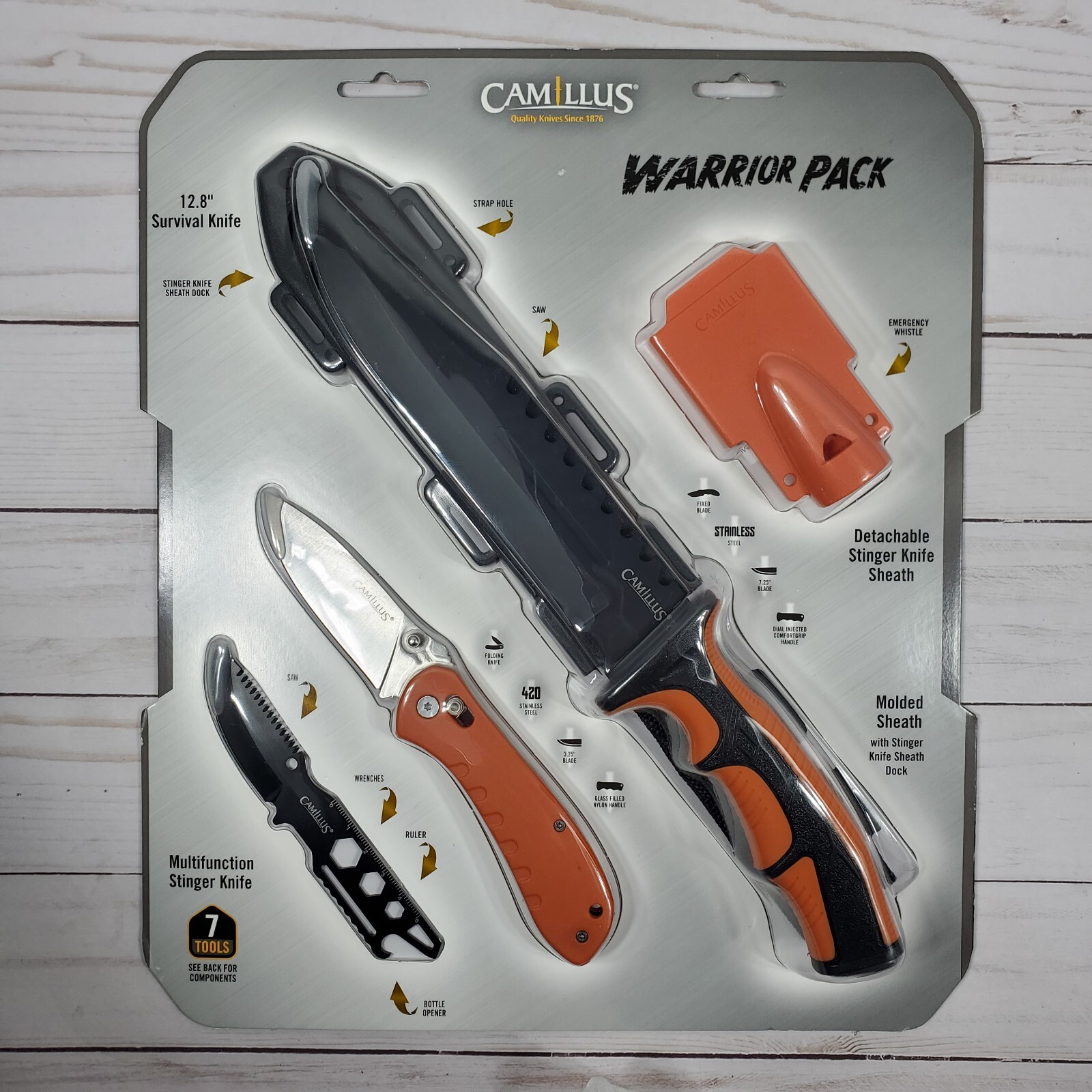 Camillus Warrior Pack 12.8″ Survival Knife, Stinger Folding Hi-Vis Hunt Camp