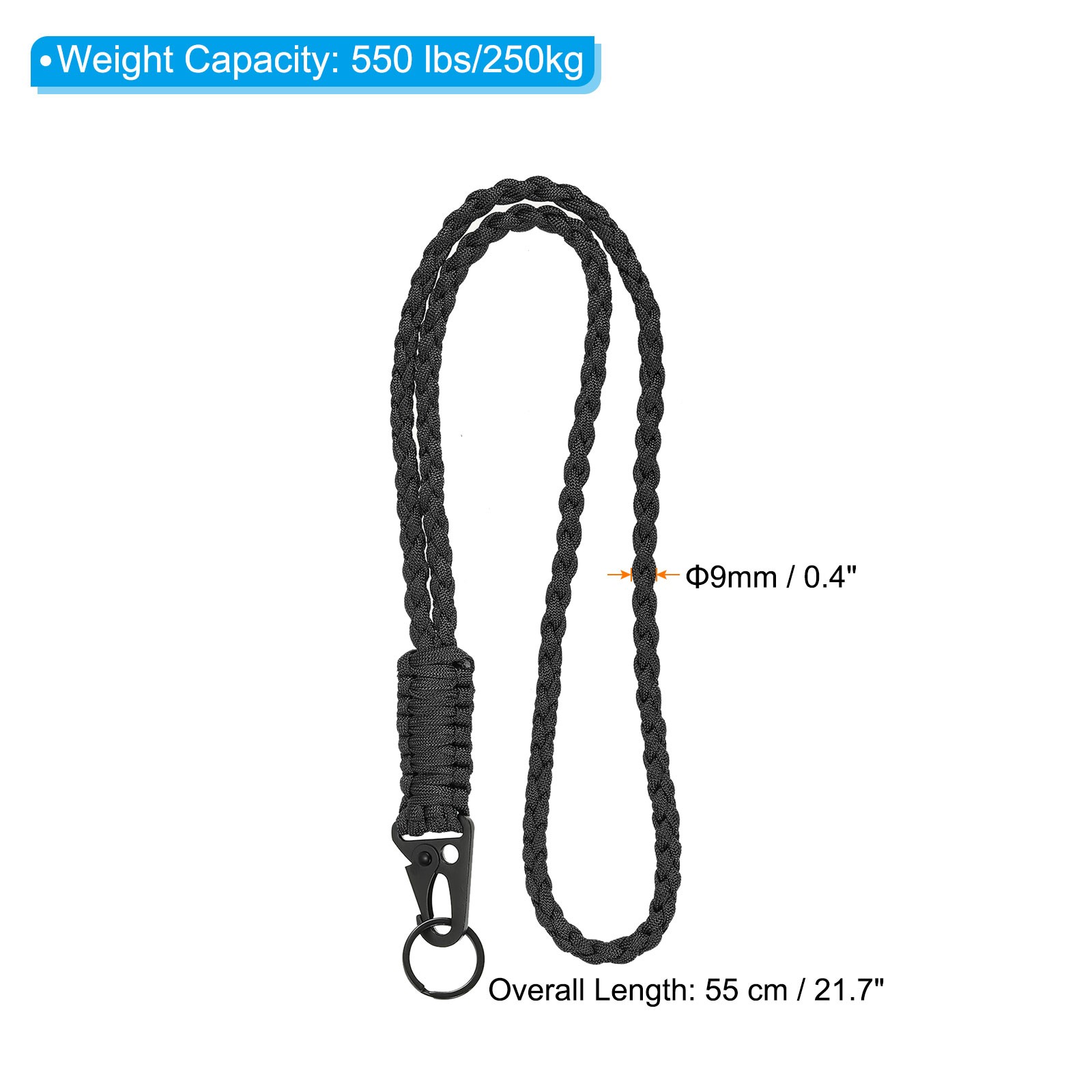21.7 Inch Paracord Neck Lanyard Keychain Braided Strong Lanyard Black