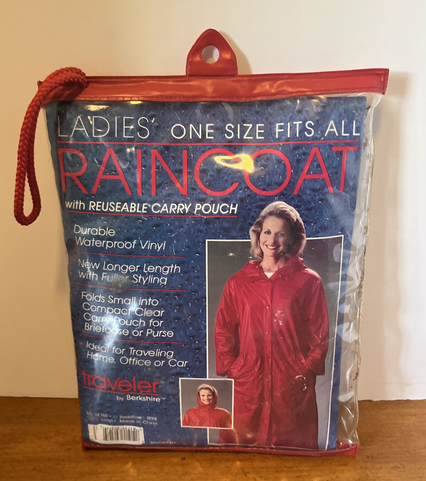 Ladies’ Hooded RainCoat W Storage Pouch In Red. NEW “Traveler” by Berkshire